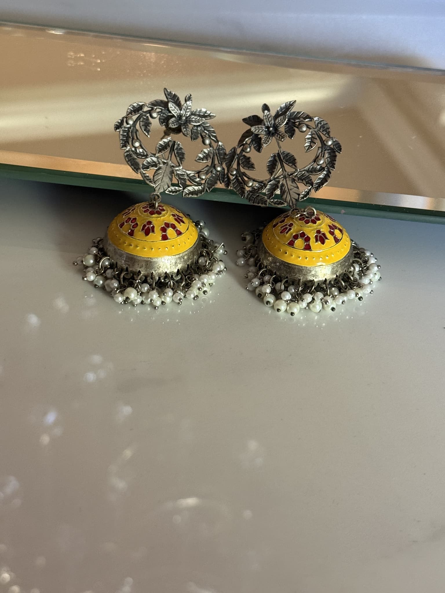Yellow Meenakari Dome Pearl Jhumka Earrings