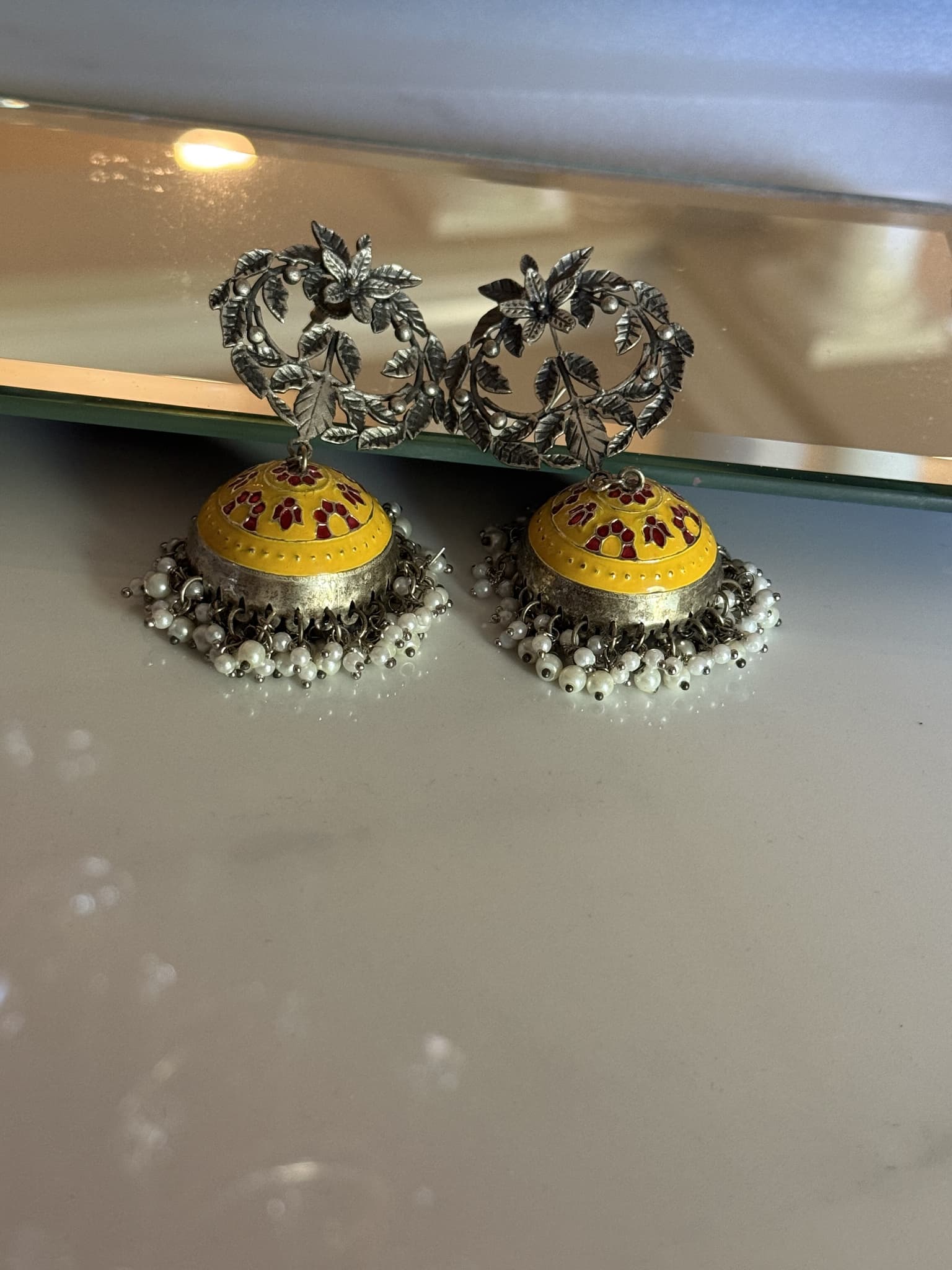 Yellow Meenakari Dome Pearl Jhumka Earrings