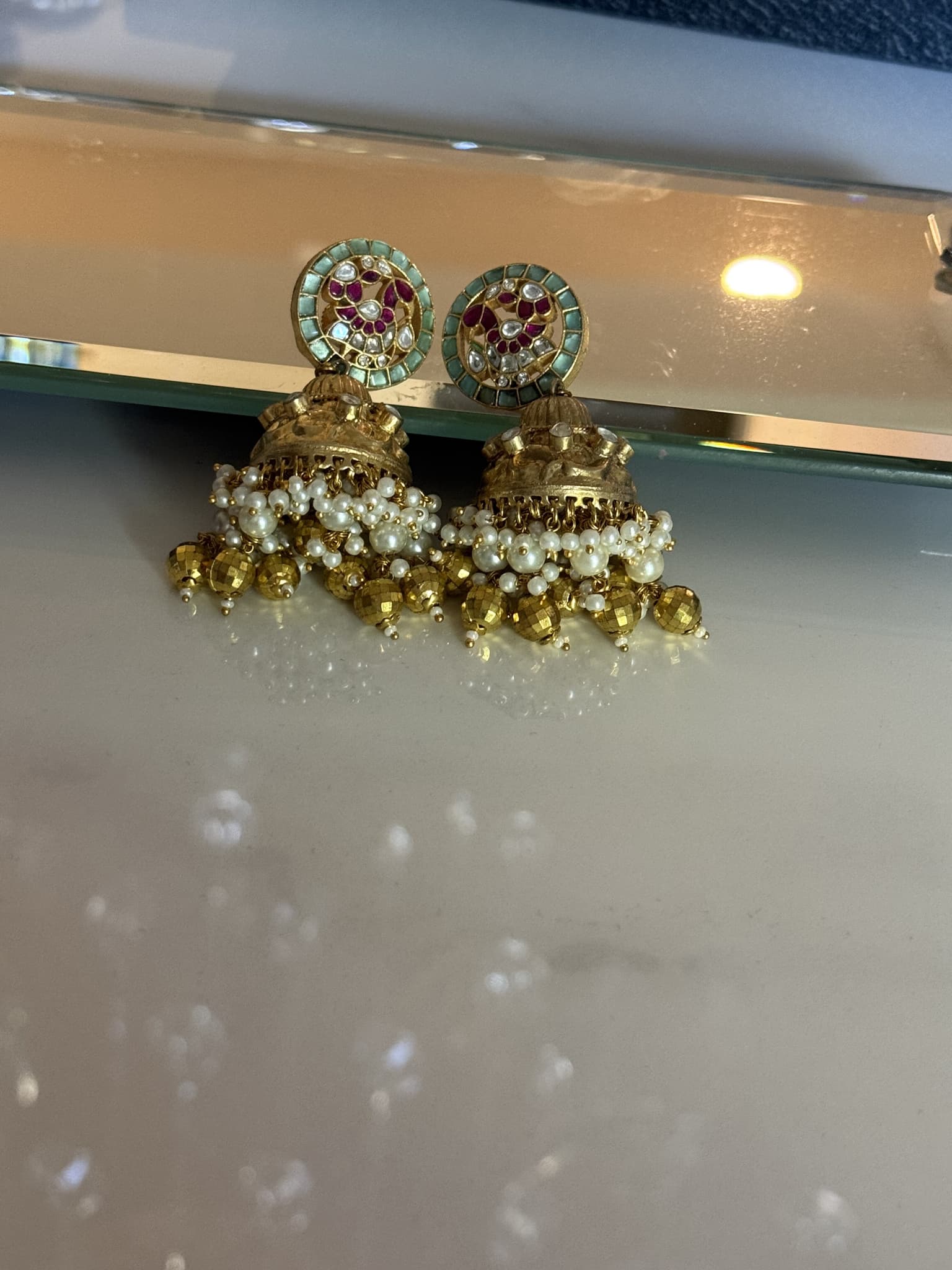 Ruby Red Pearl Kundan Jhumka Earrings