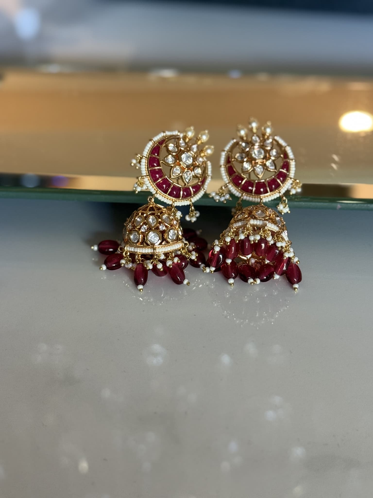 Ruby Crescent Kundan Jhumka Earrings