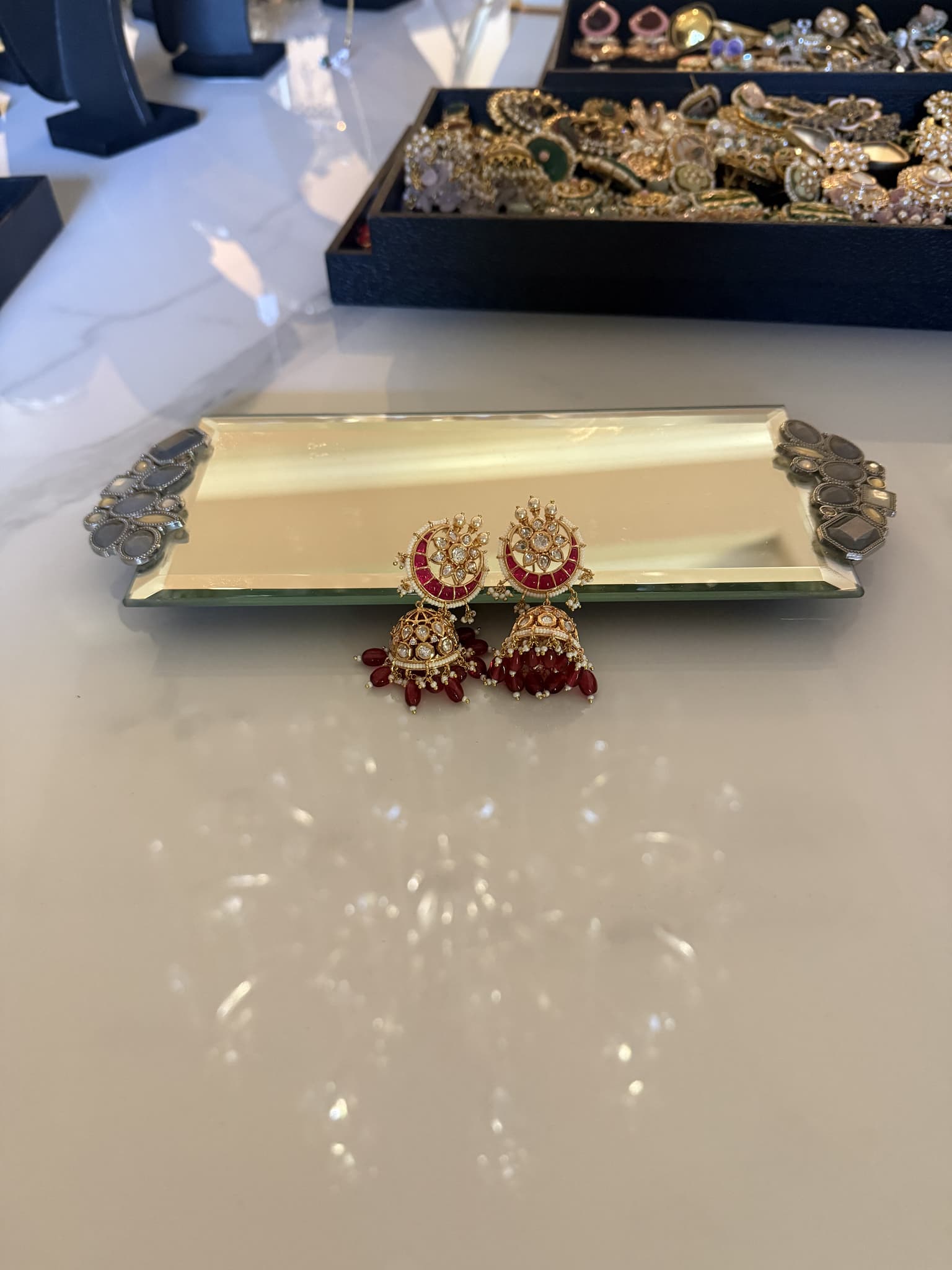 Ruby Crescent Kundan Jhumka Earrings