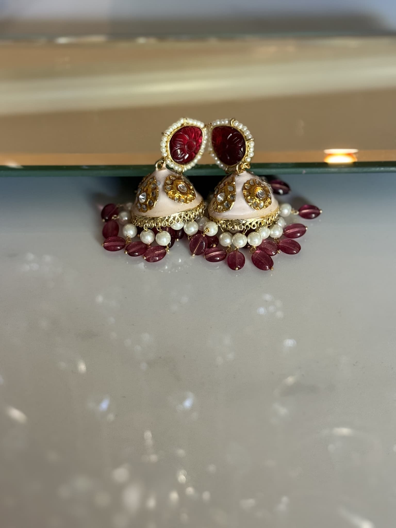 Ruby Beaded Pearl Kundan Dome Jhumka Earrings