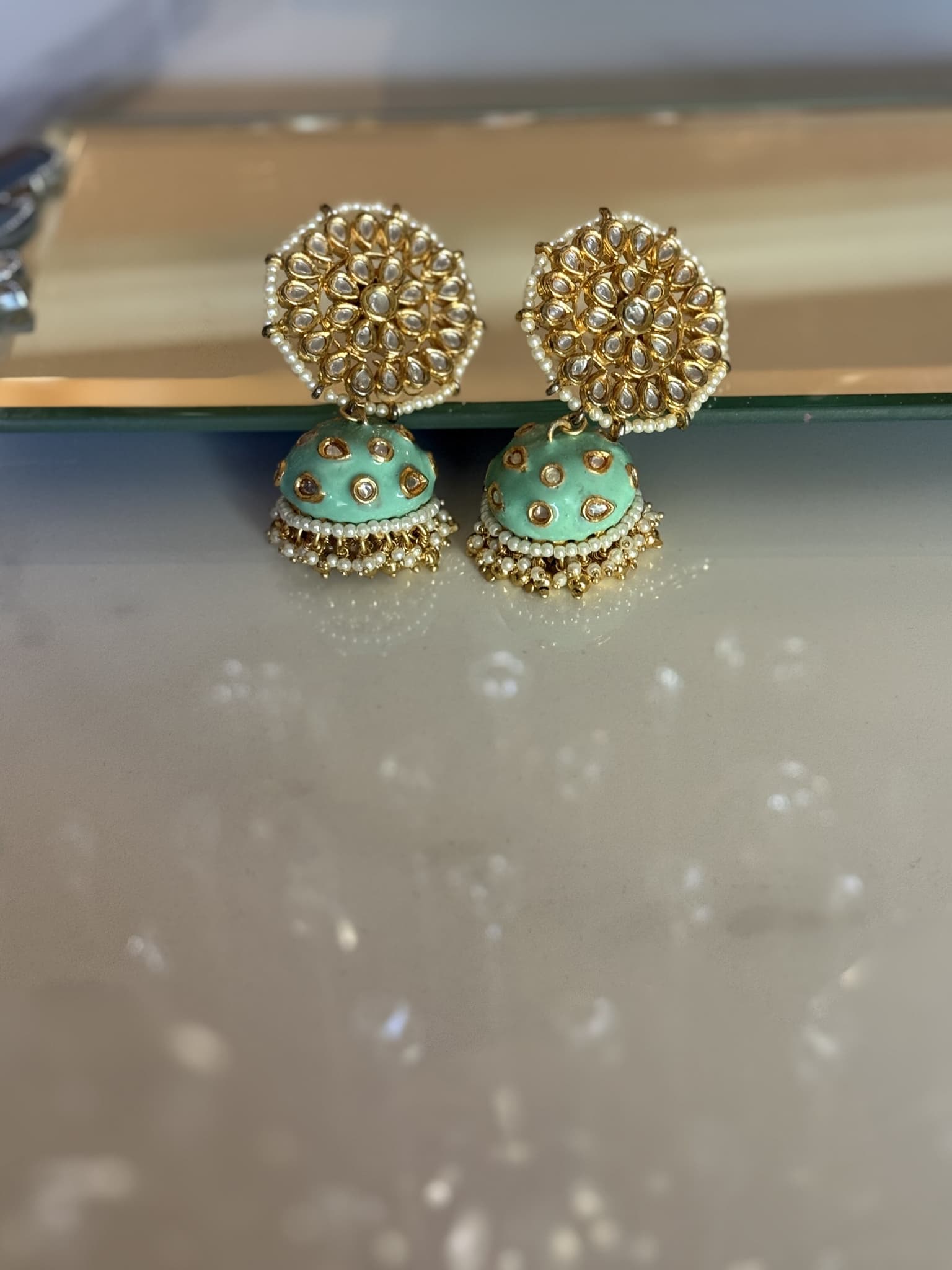 Aqua Green Kundan Jhumka Earrings