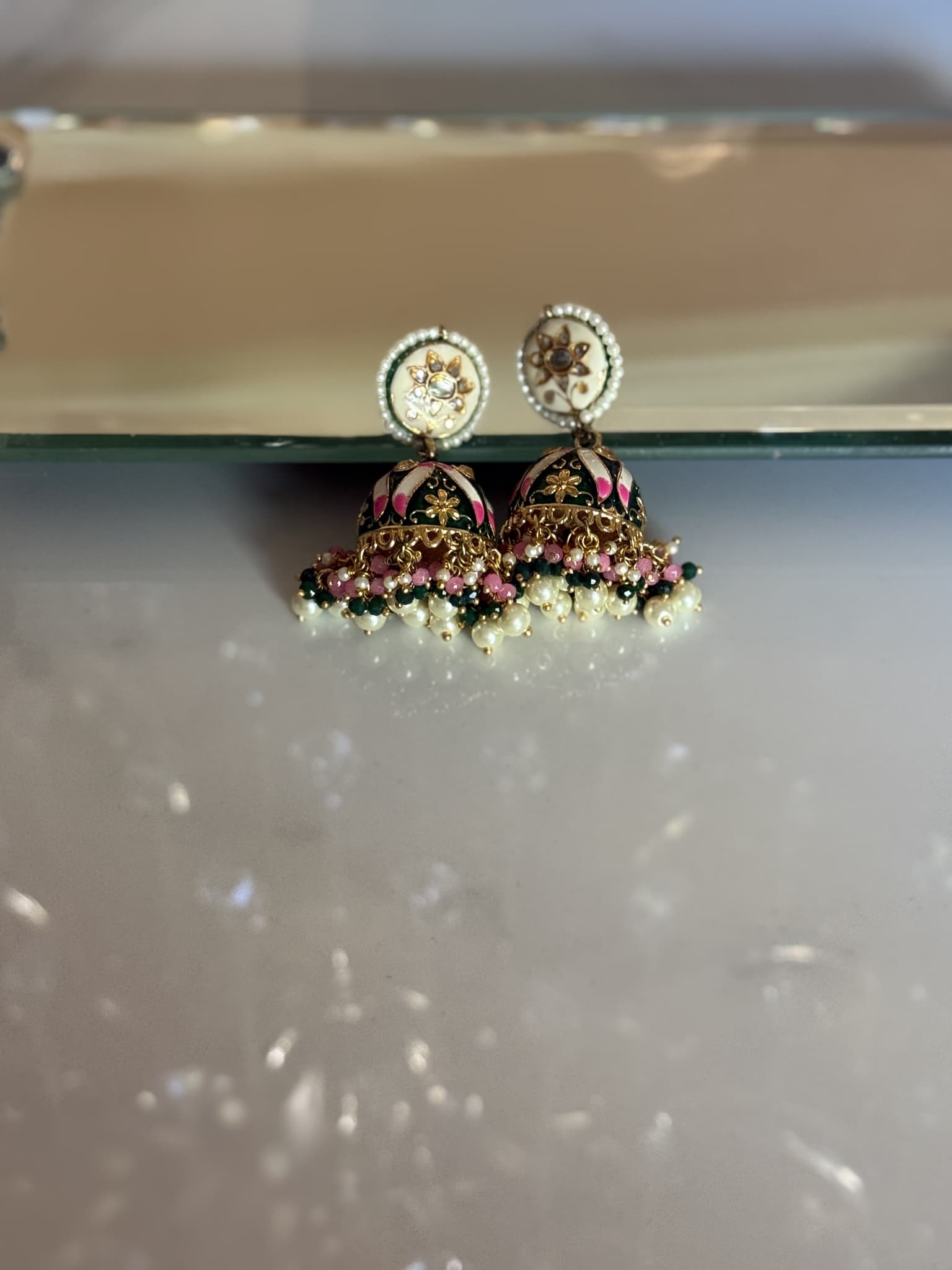 Pink Black Meenakari Pearl Jhumka Earrings