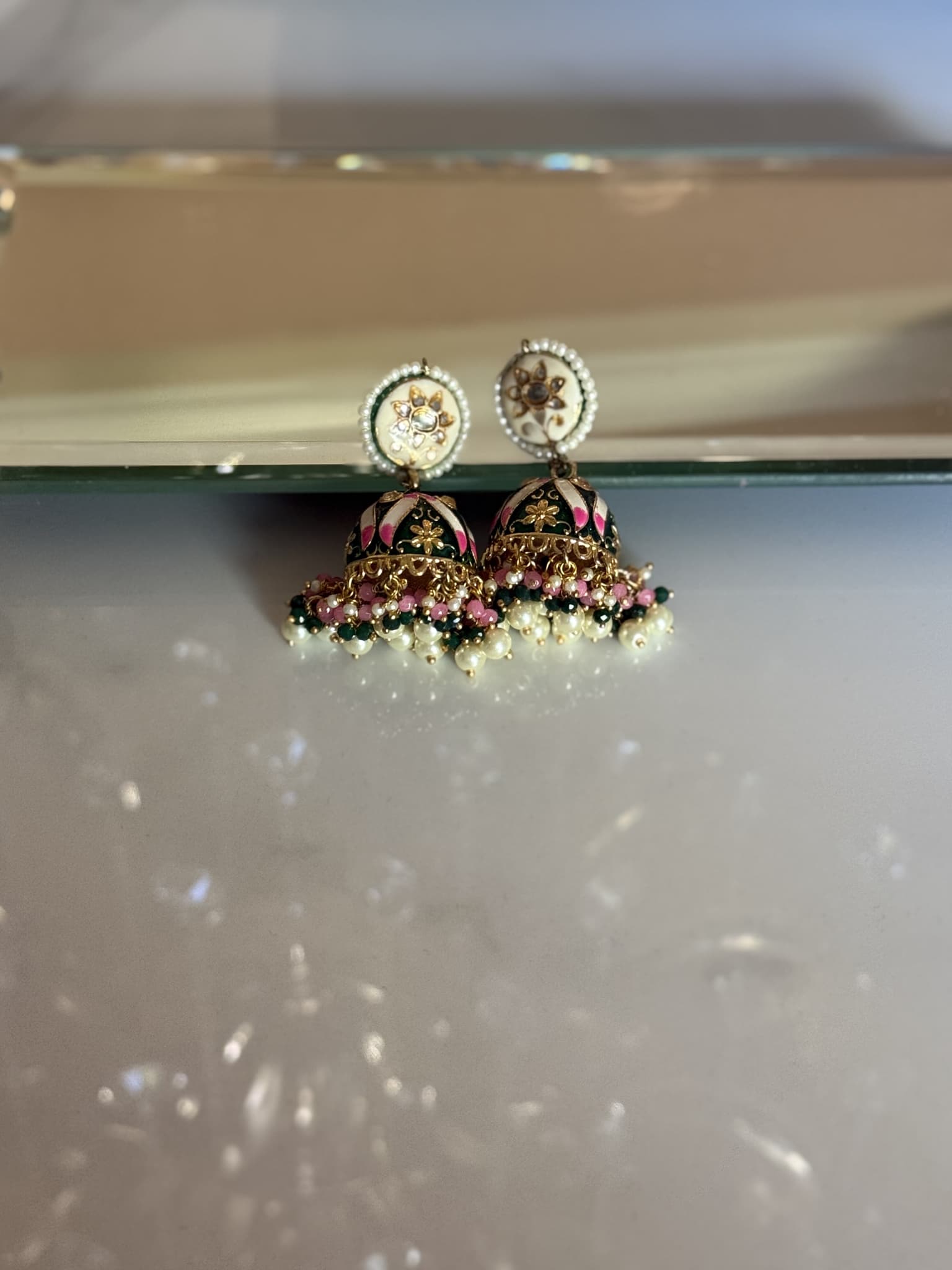 Pink Black Meenakari Pearl Jhumka Earrings