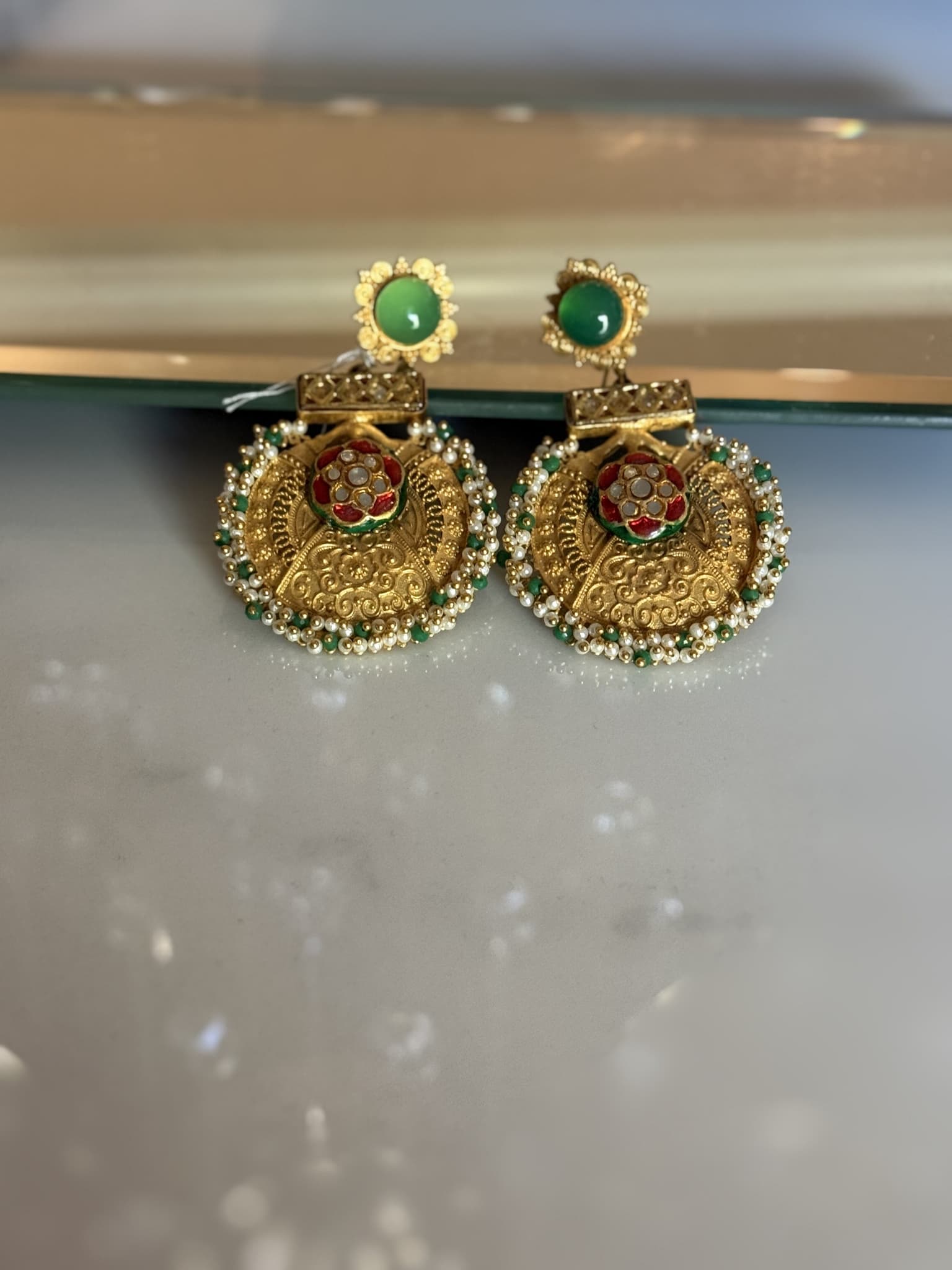 Green Onyx Kundan Pearl Stud Jhumka Earrings