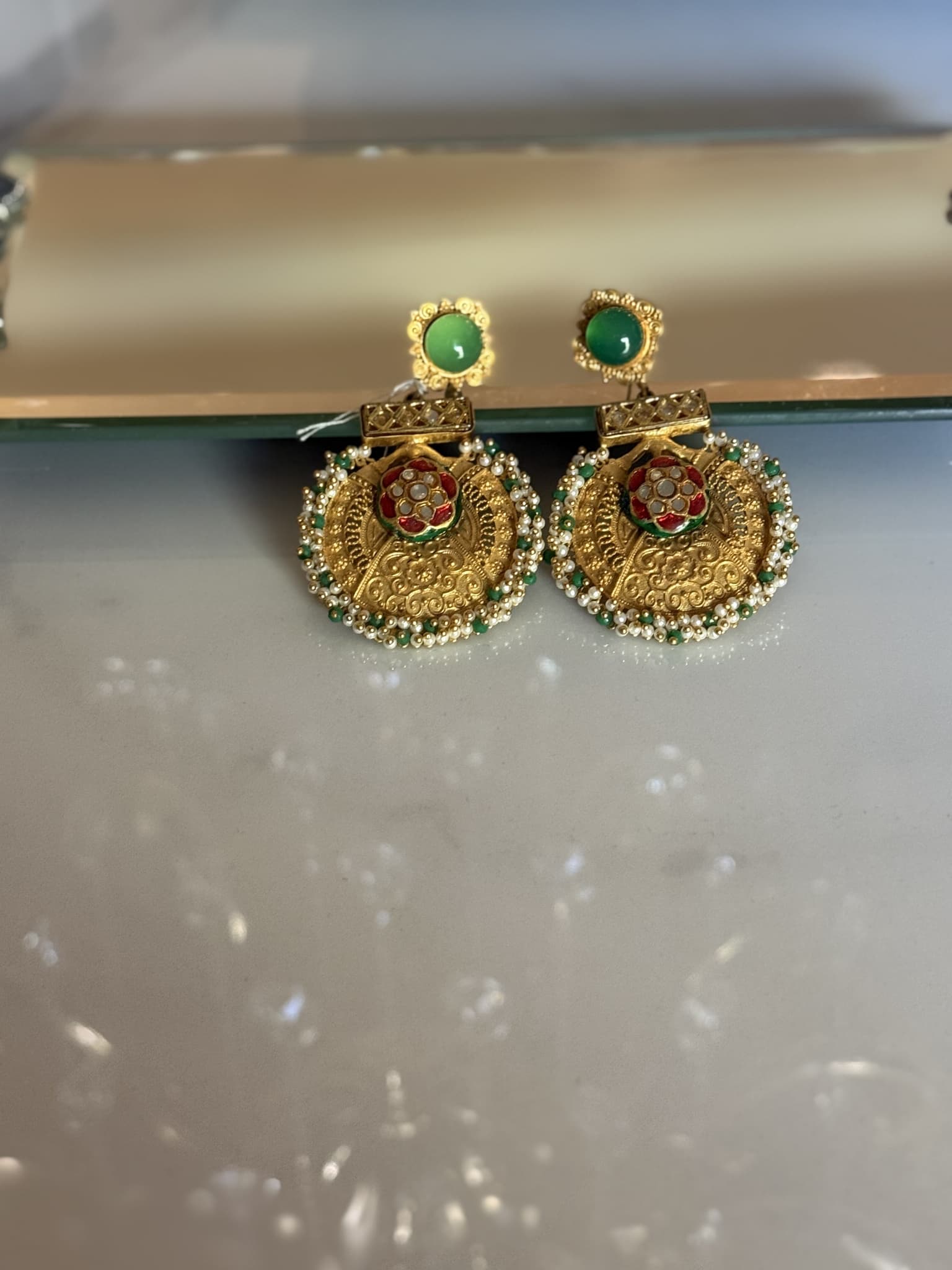 Green Onyx Kundan Pearl Stud Jhumka Earrings