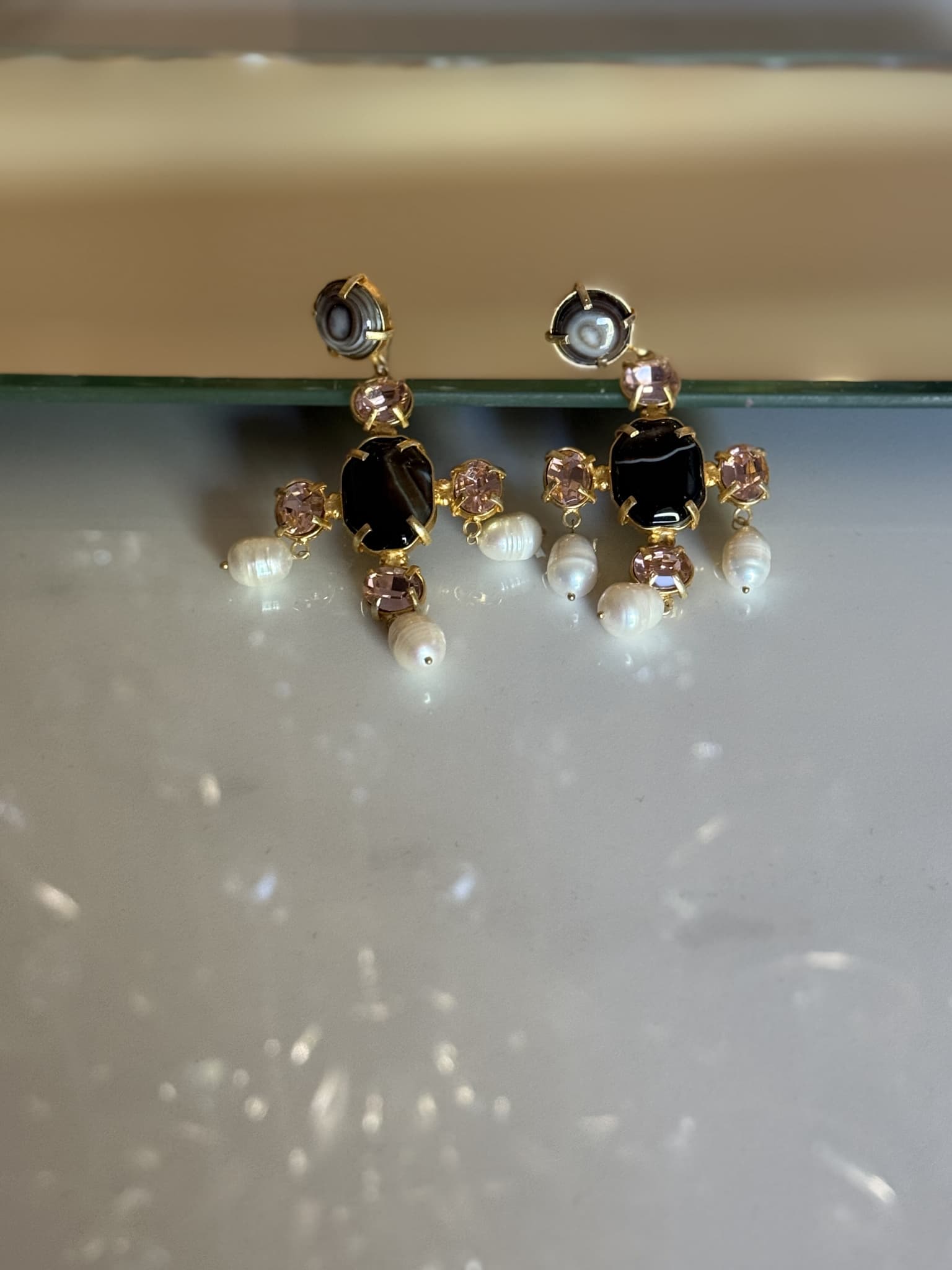 Onyx Pearl Cluster Chandelier Earrings