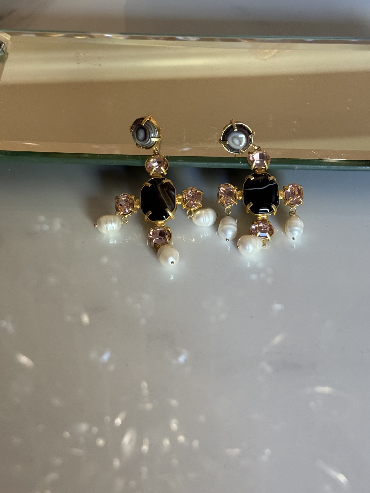 Onyx Pearl Cluster Chandelier Earrings