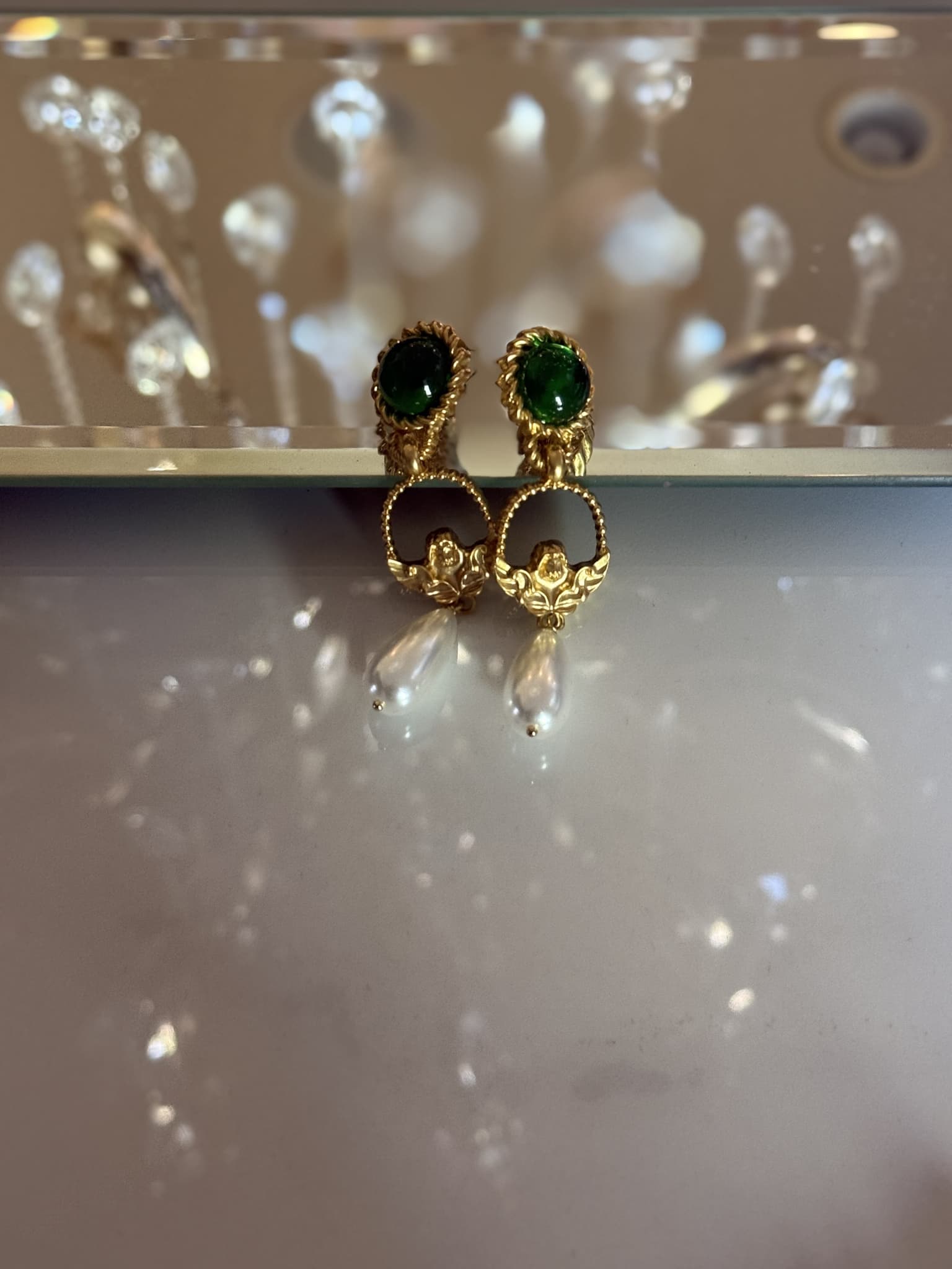 Green Gemstone Pearl Drop Earrings