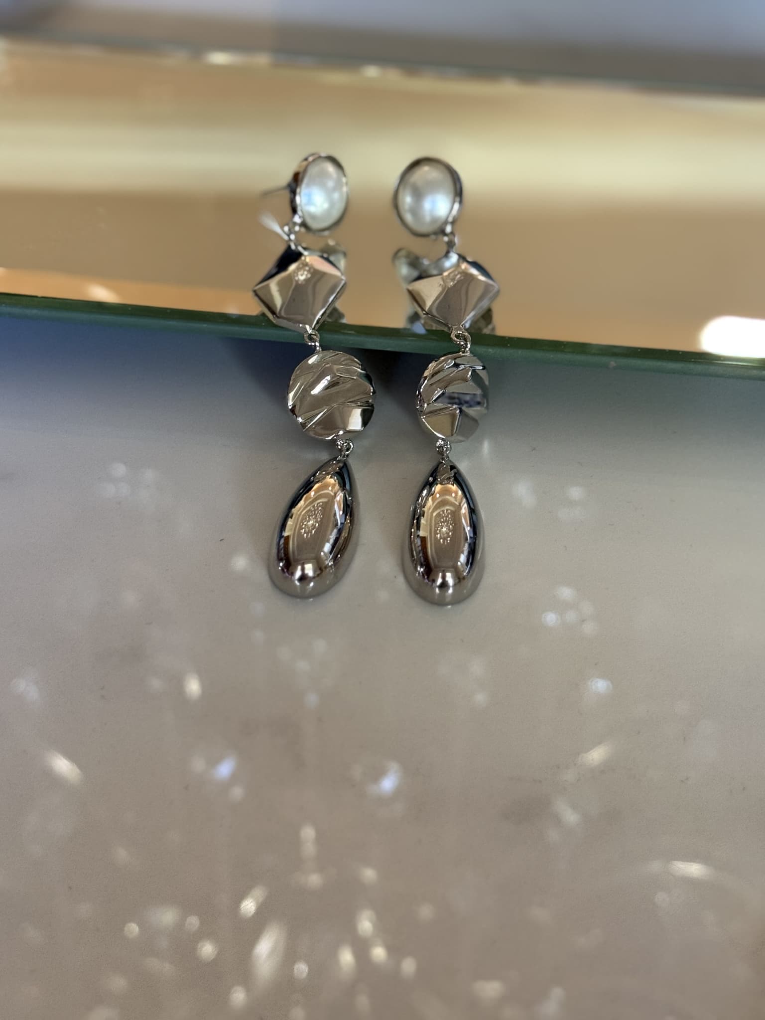Pearl Silver Geometric Drop Earrings
