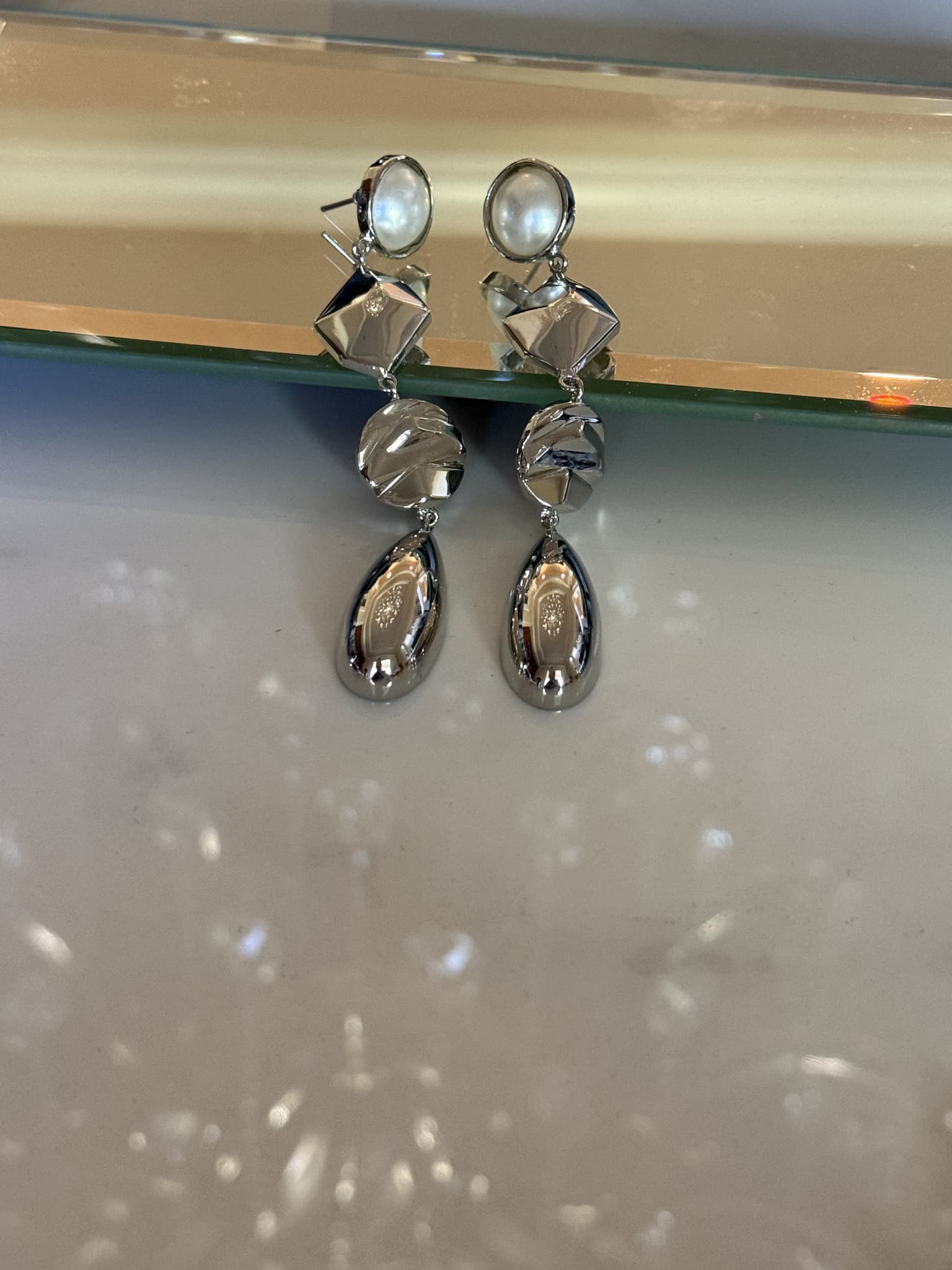 Pearl Silver Geometric Drop Earrings
