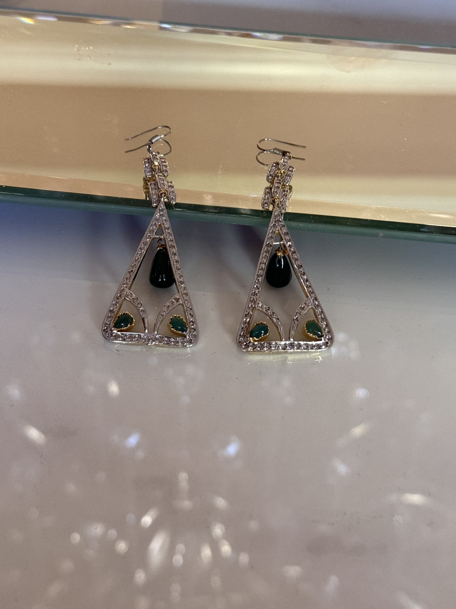 Silver Triangle Drop Earrings with Green Accents