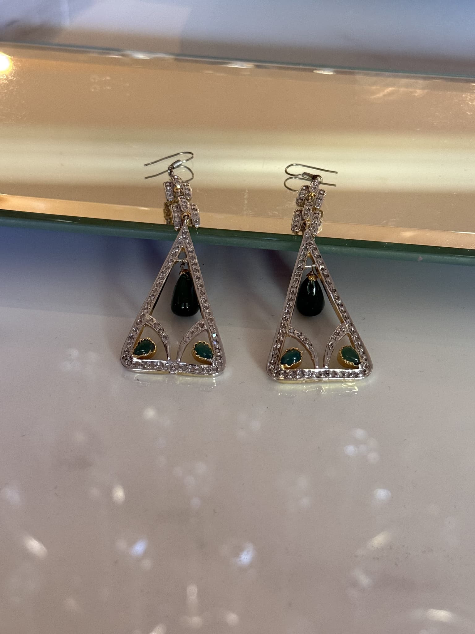 Silver Triangle Drop Earrings with Green Accents