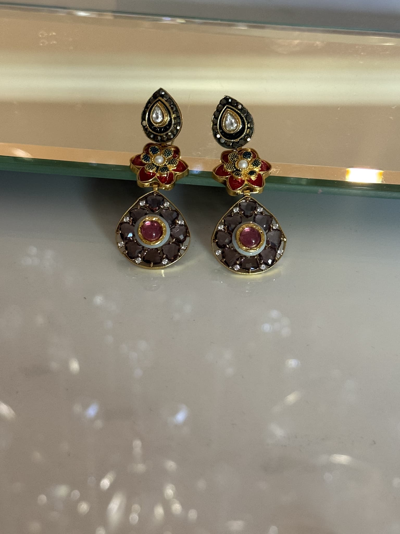 Enamel Pearl Floral Drop Earrings