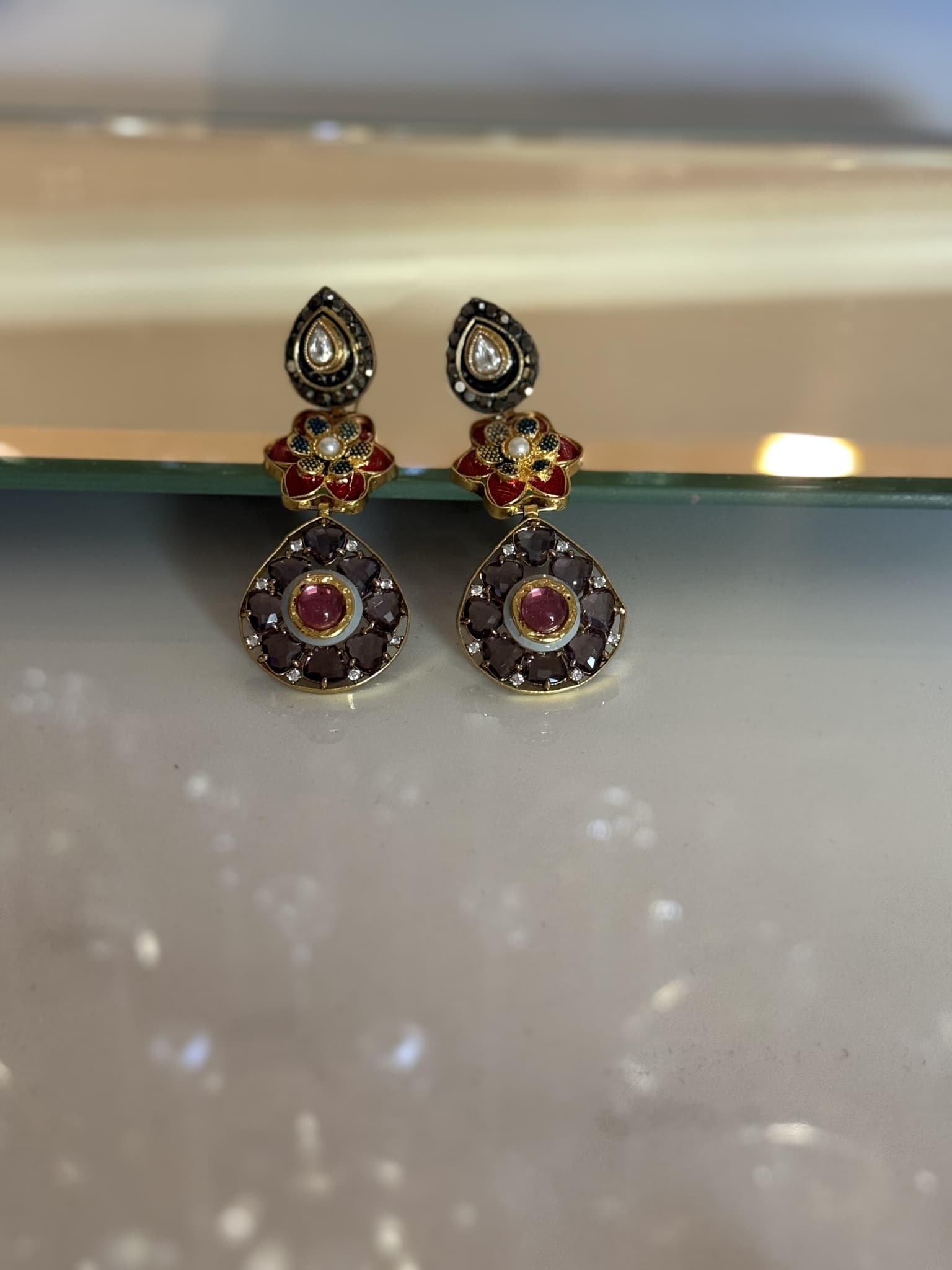 Enamel Pearl Floral Drop Earrings