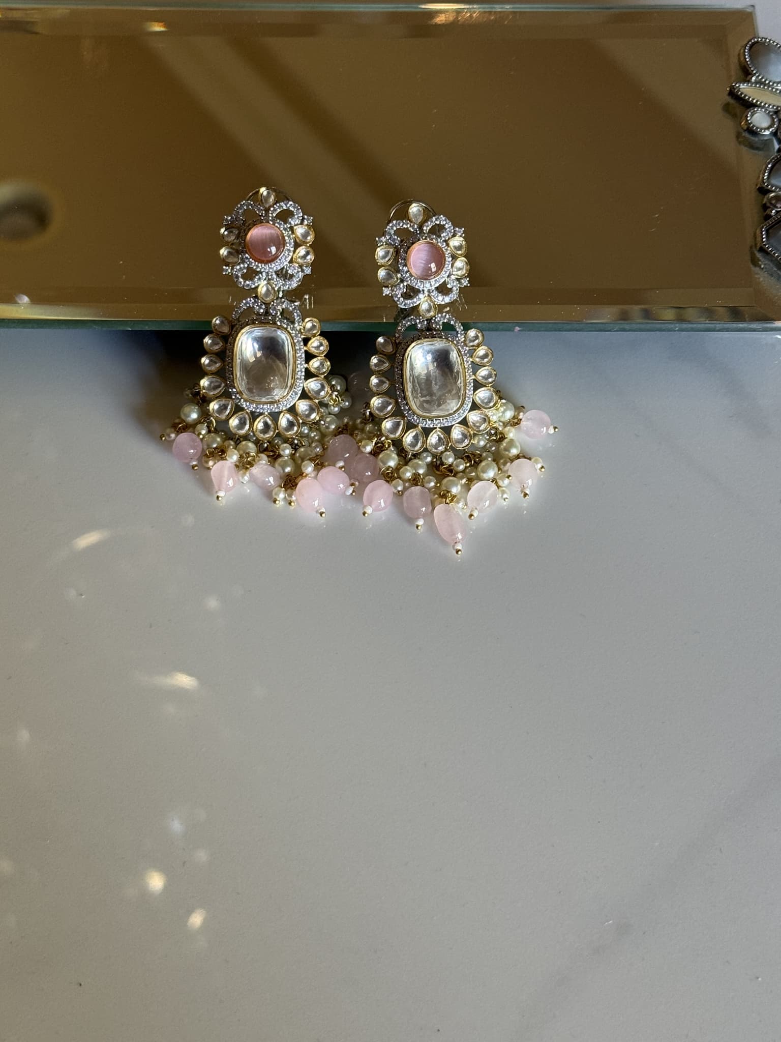 Pearl and Pink Gem Cluster Chandelier Earrings