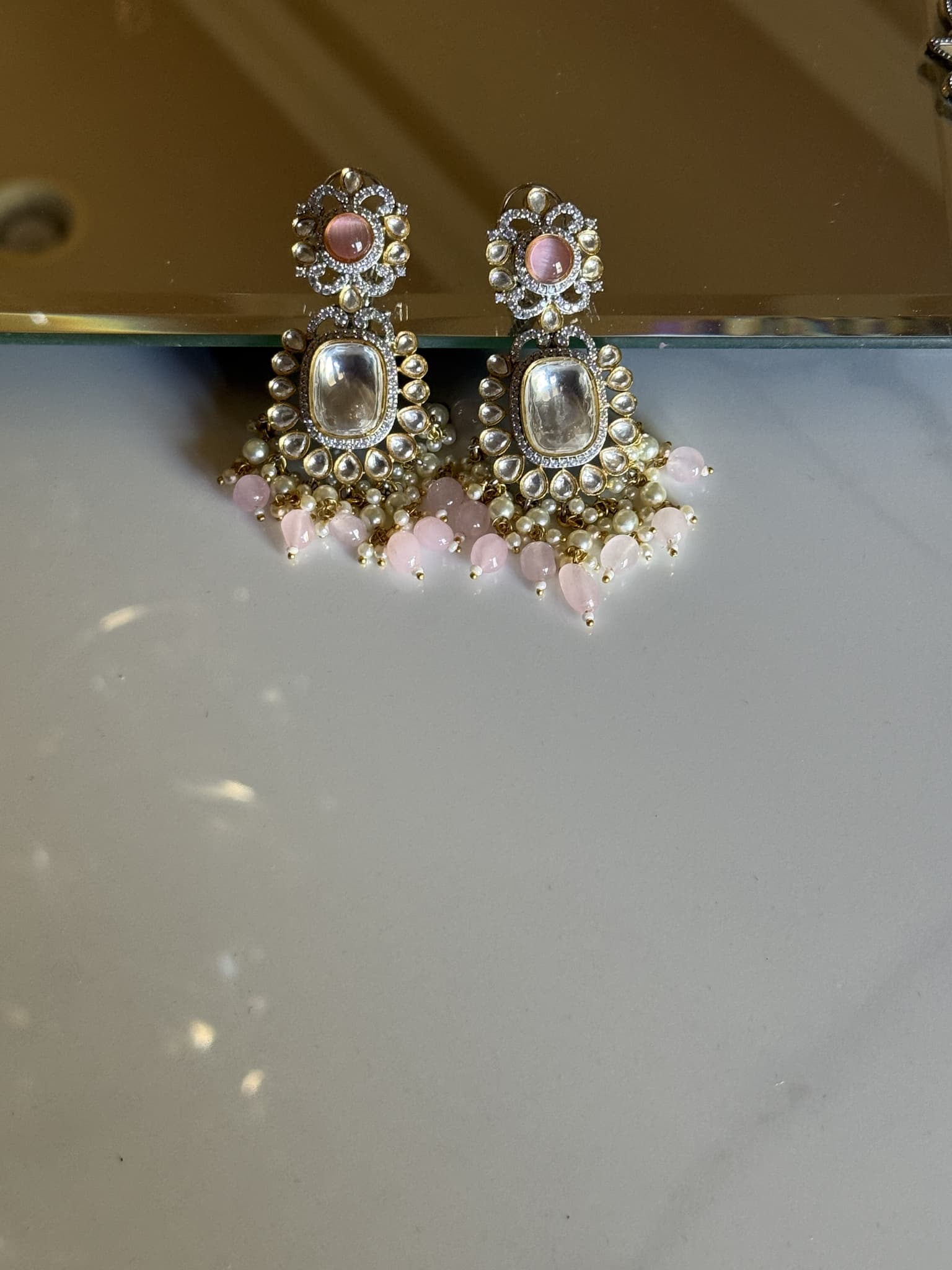Pearl and Pink Gem Cluster Chandelier Earrings