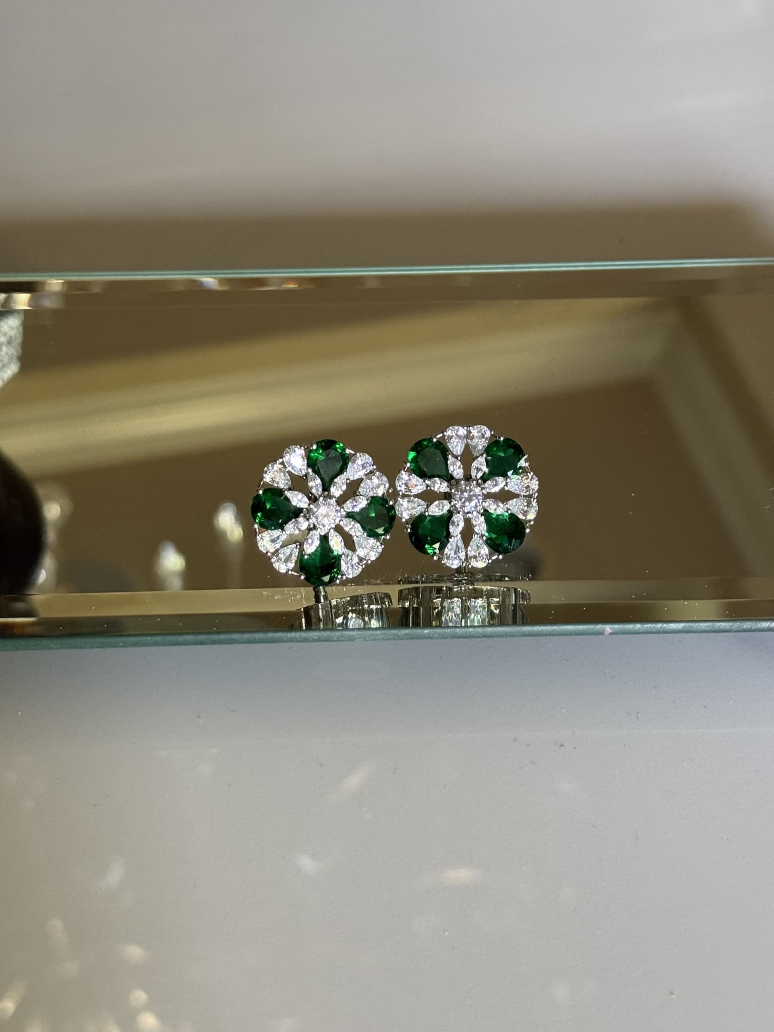 Emerald and Diamond Floral Stud Earrings