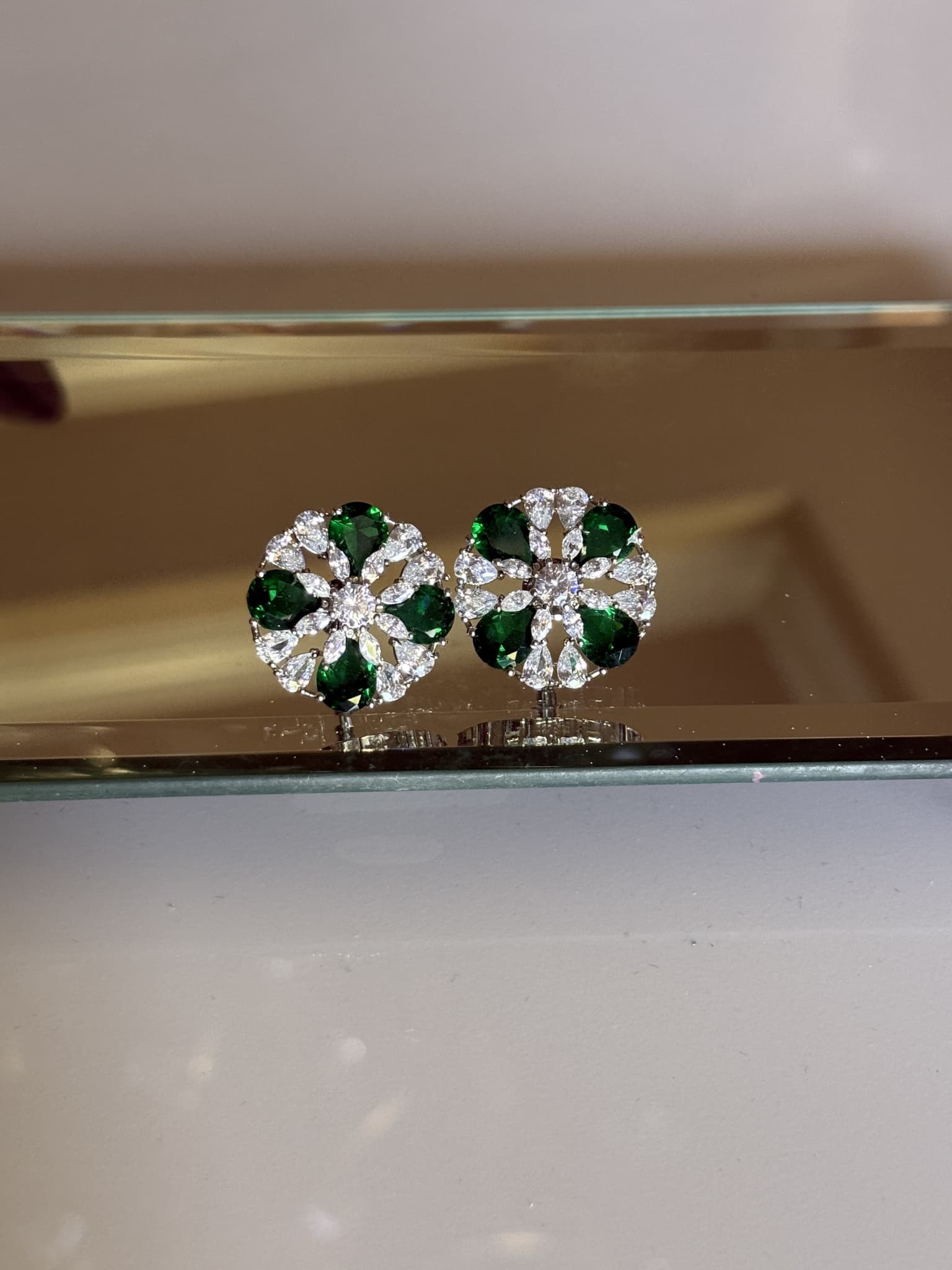 Emerald and Diamond Floral Stud Earrings