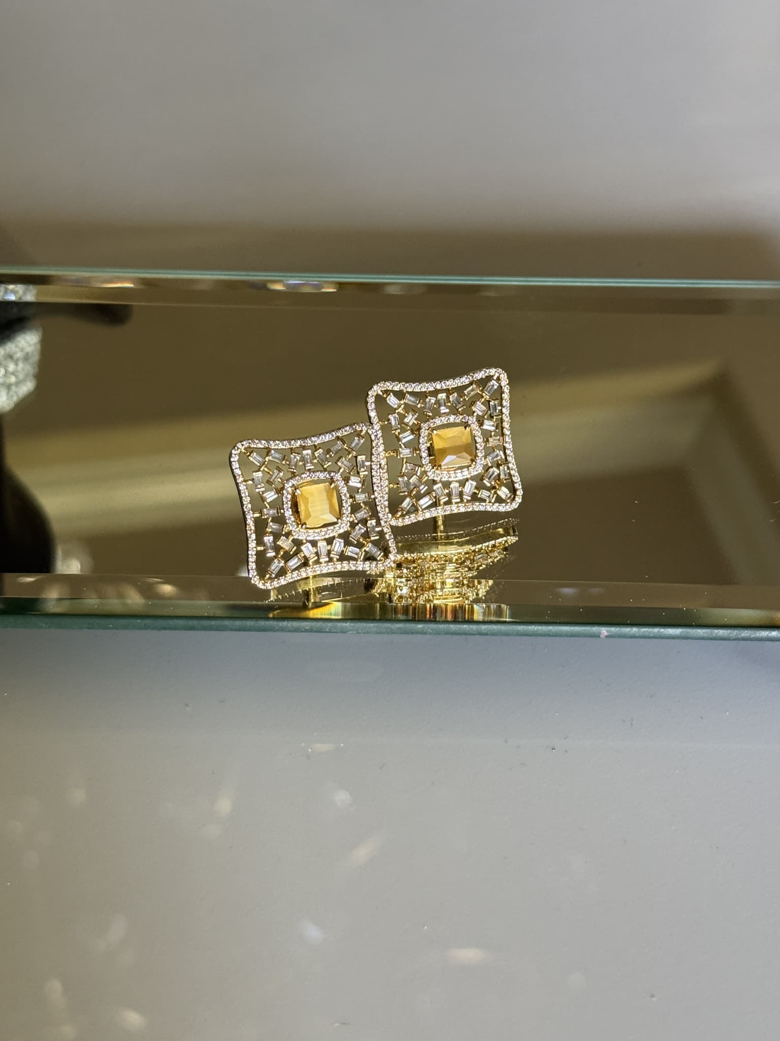 Citrine Baguette Frame Square Stud Earrings