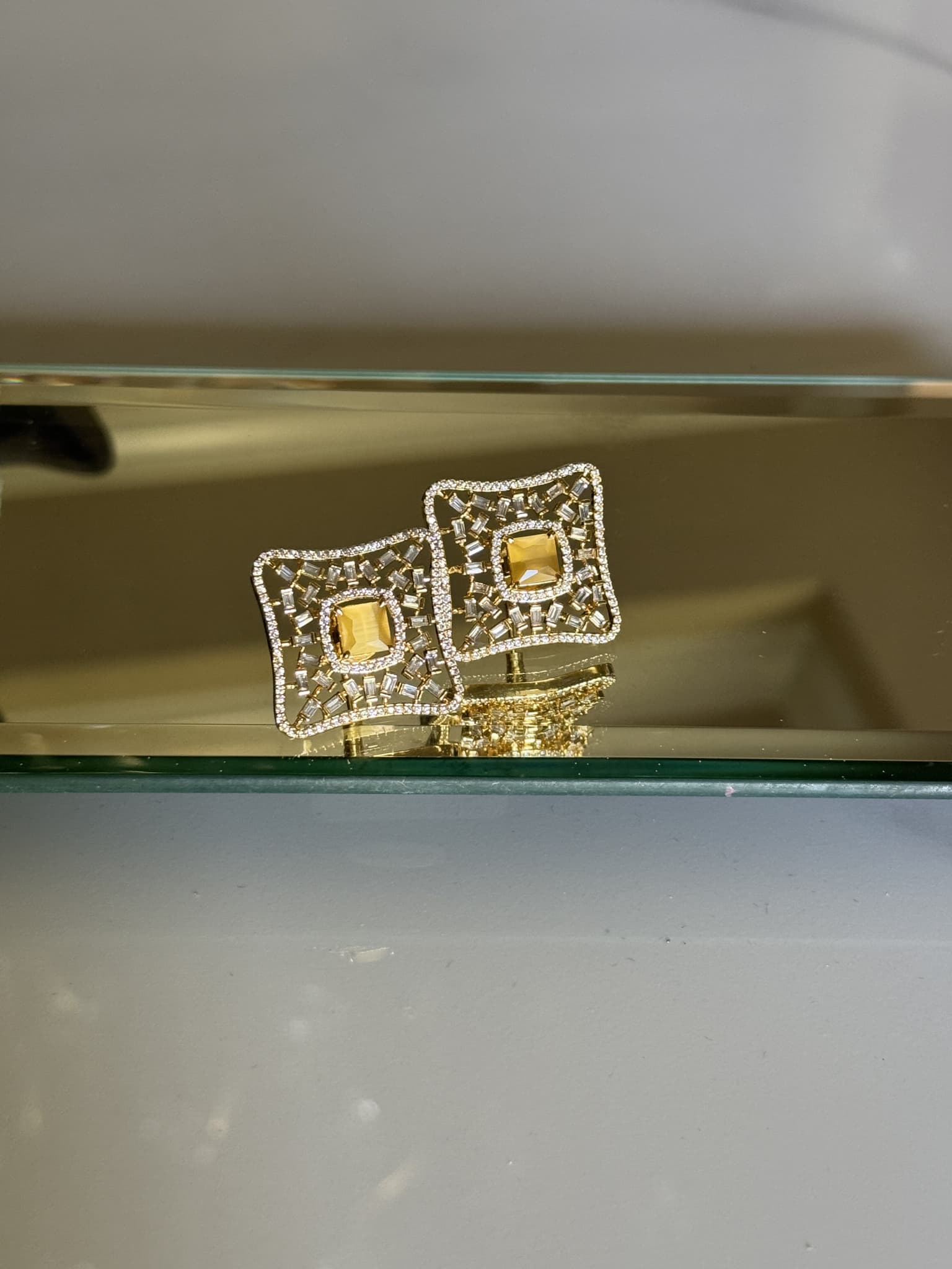 Citrine Baguette Frame Square Stud Earrings