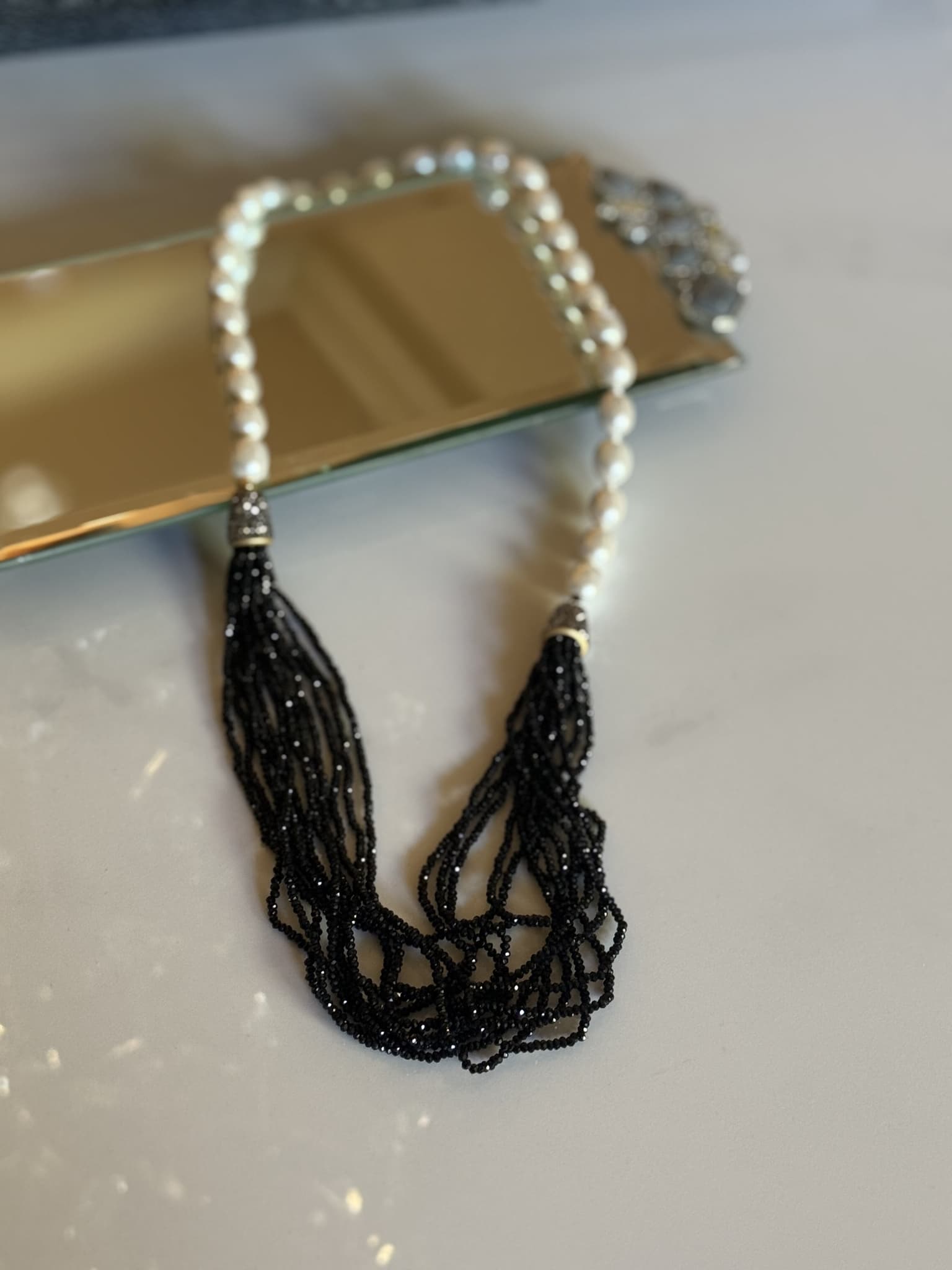 Black beads and Pearl Strand Necklace