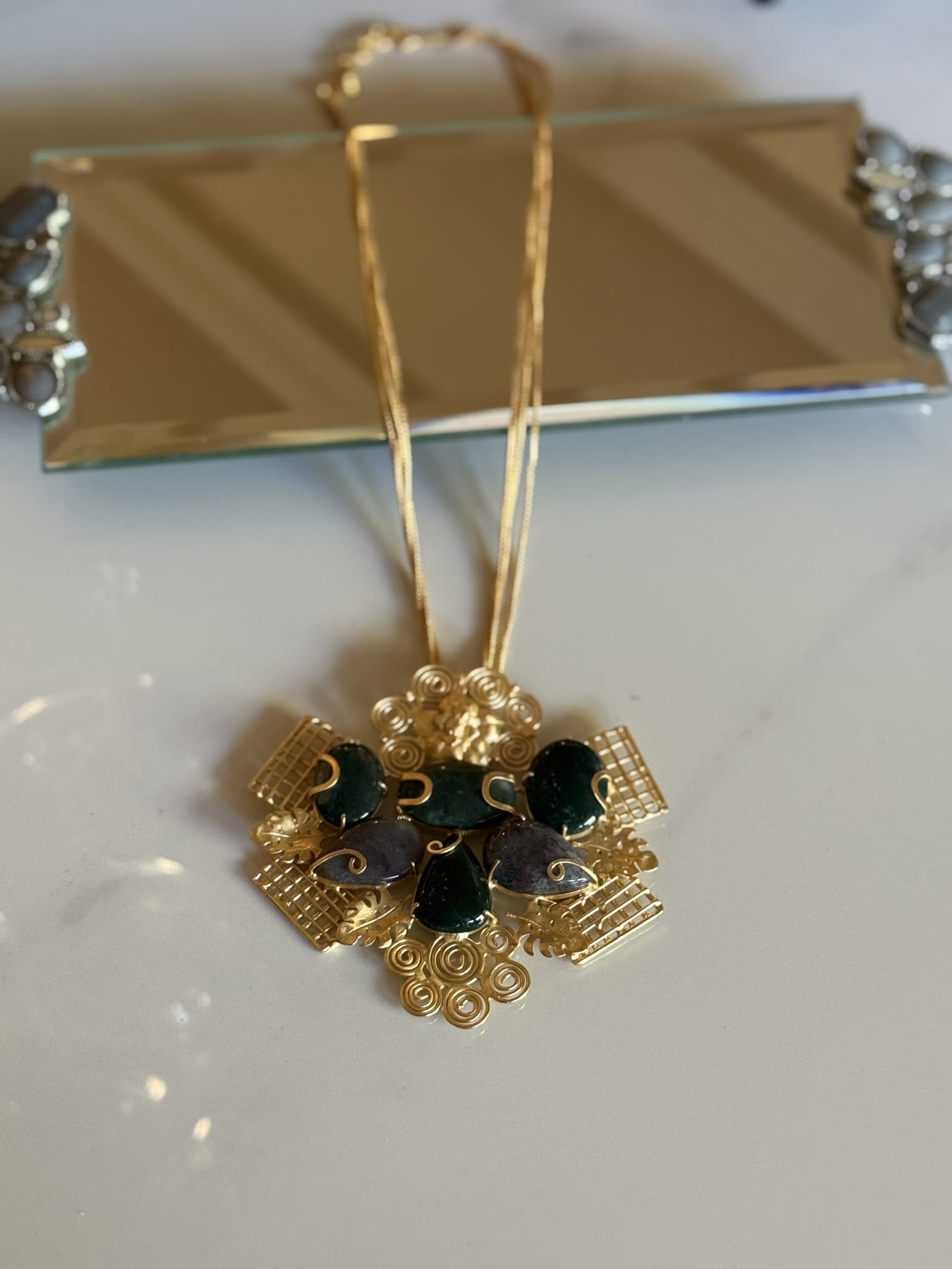 Green and Purple Stone Filigree Pendant Necklace