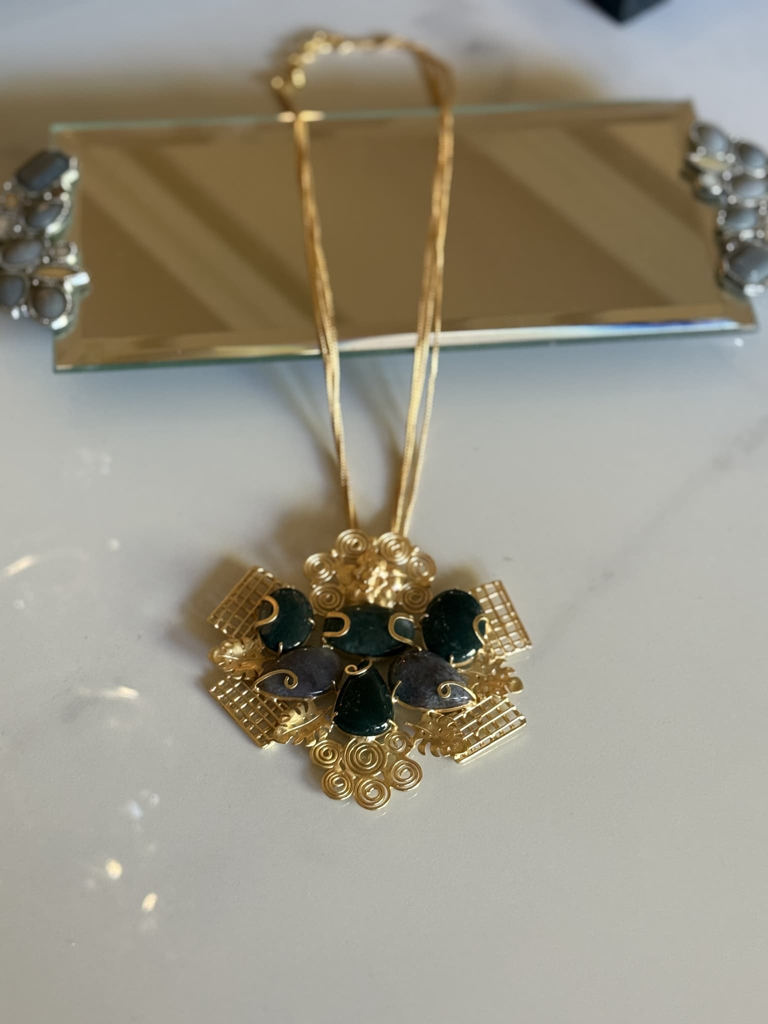 Green and Purple Stone Filigree Pendant Necklace