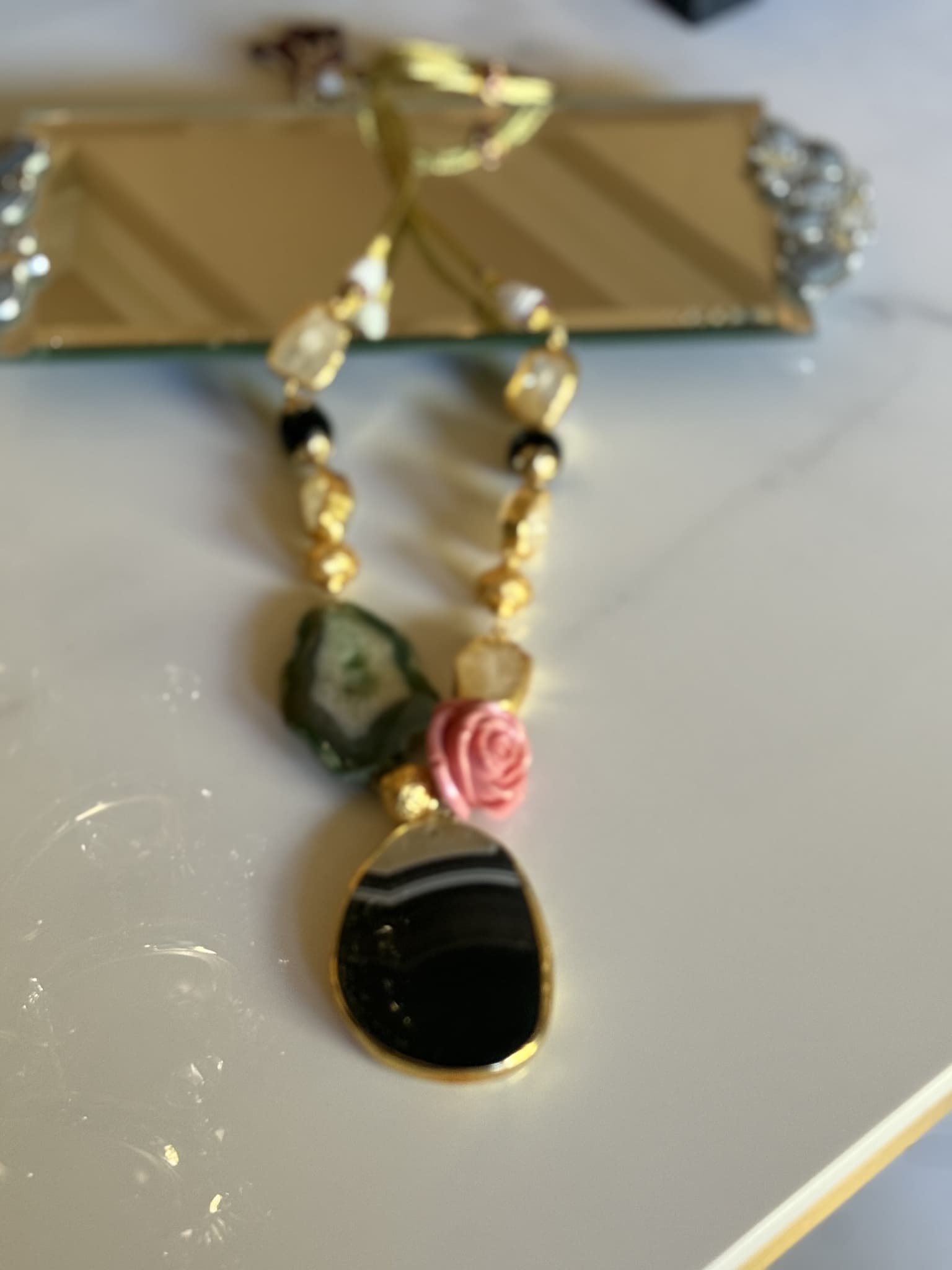 Mixed Gemstone Pendant Necklace with Rose Detail