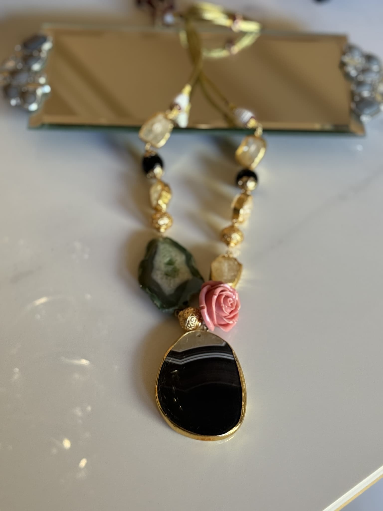 Mixed Gemstone Pendant Necklace with Rose Detail