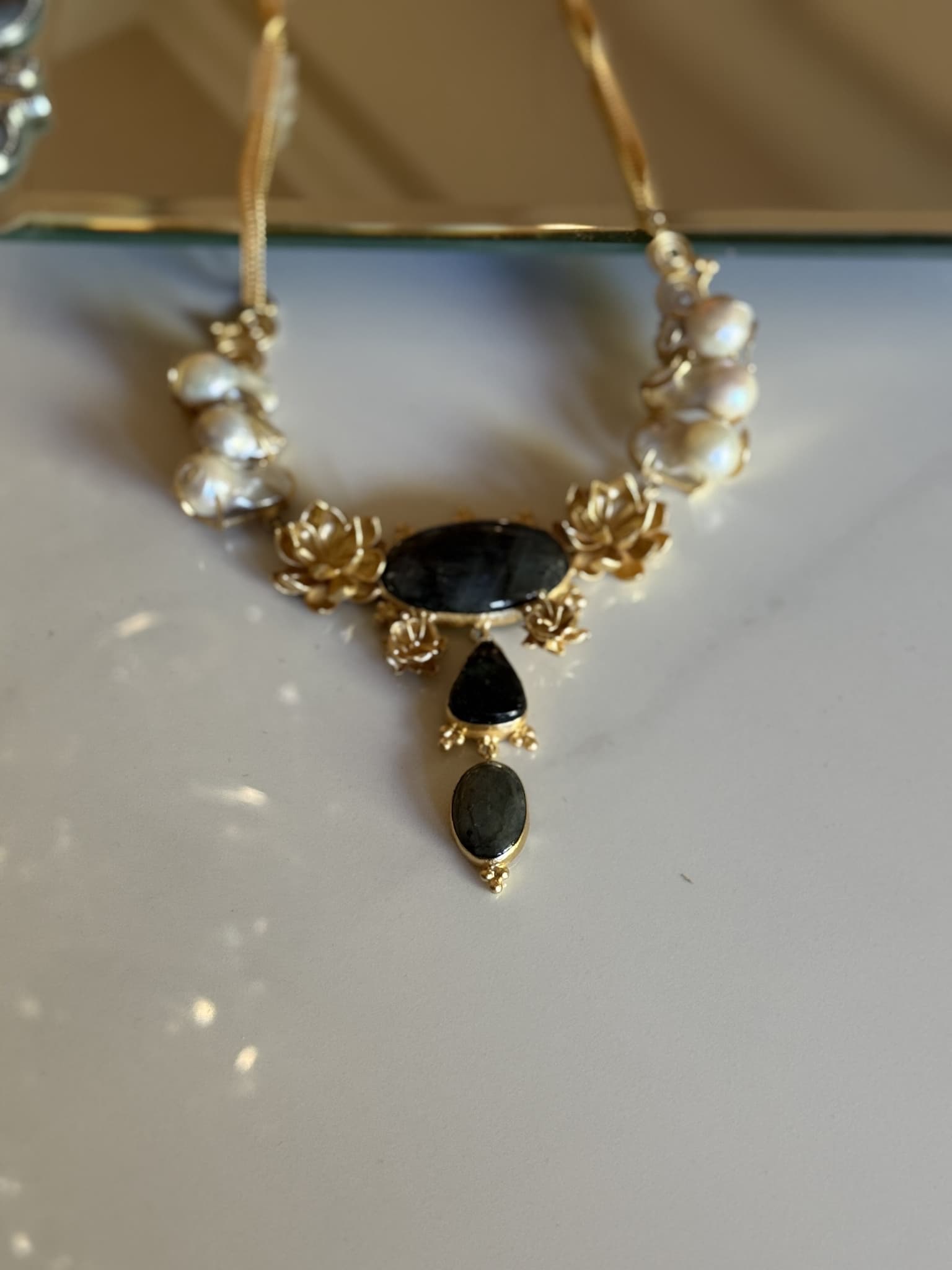 Gold Floral and Labradorite Pendant Necklace