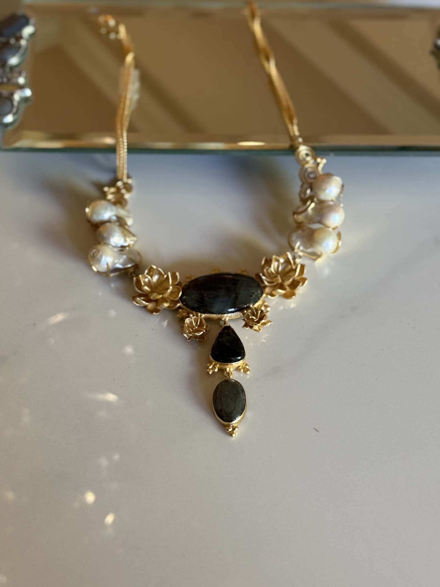 Gold Floral and Labradorite Pendant Necklace