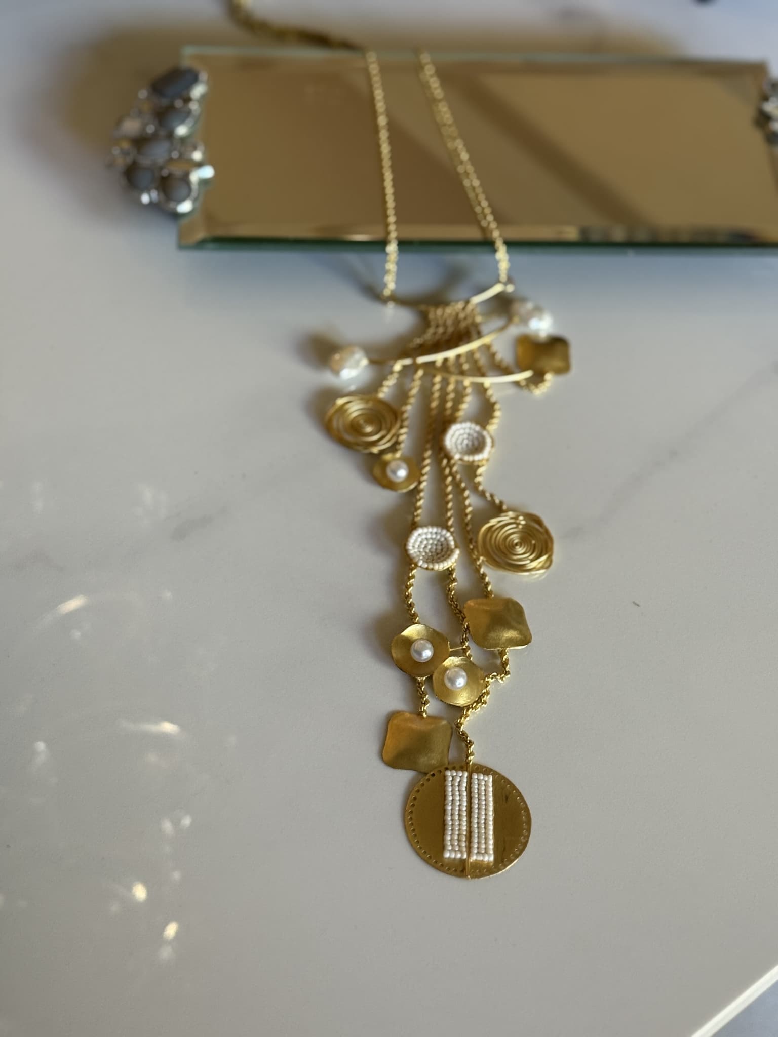 Gold Multi-Chain Medallion Necklace with Pearls