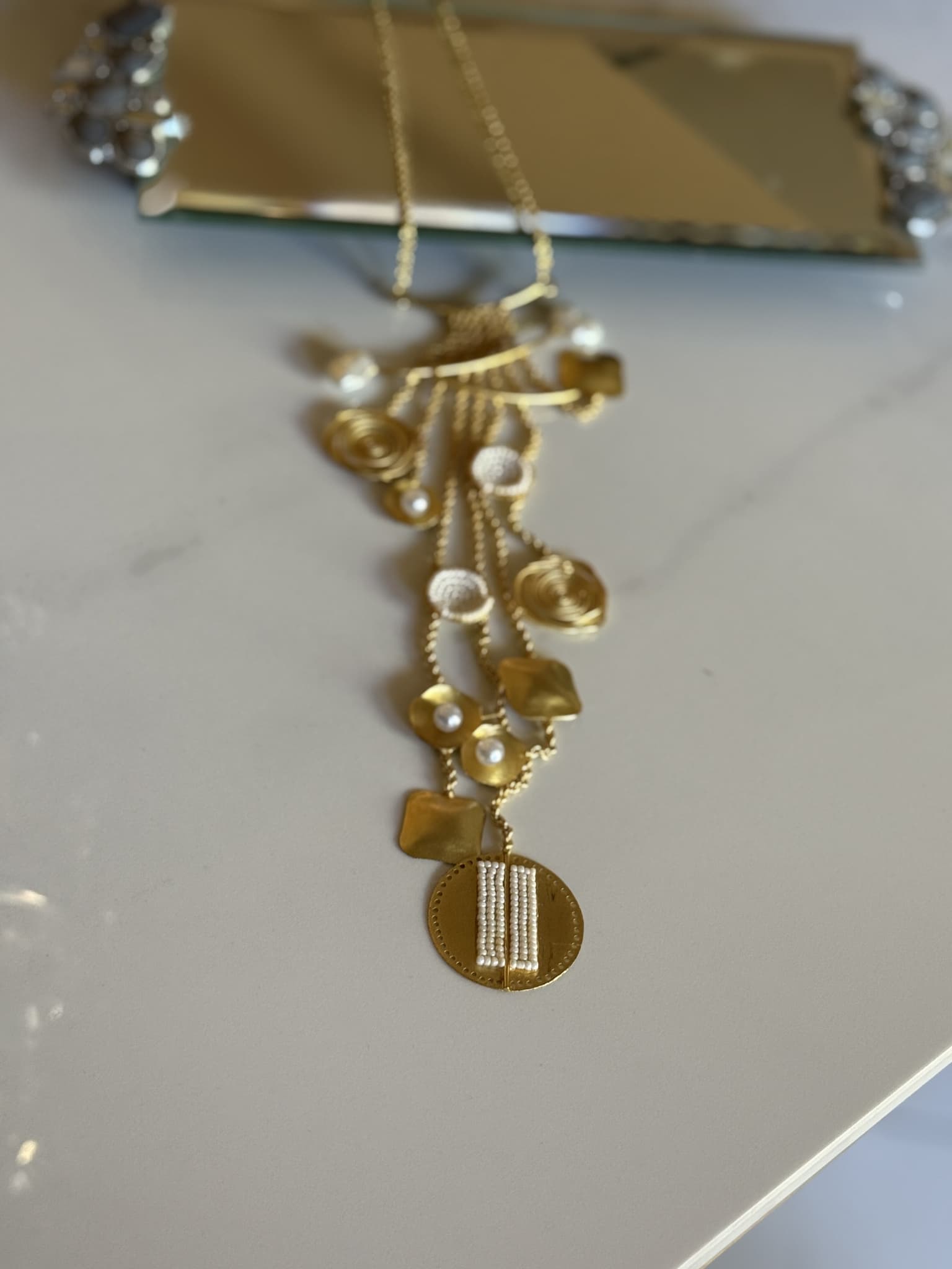 Gold Multi-Chain Medallion Necklace with Pearls
