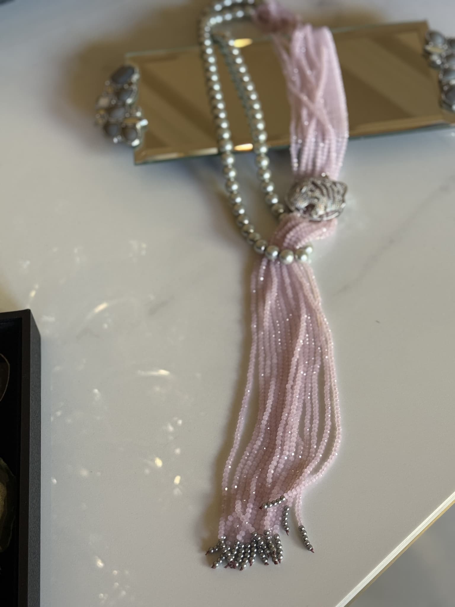 Pink Beaded Tassel Necklace with Silver Accents