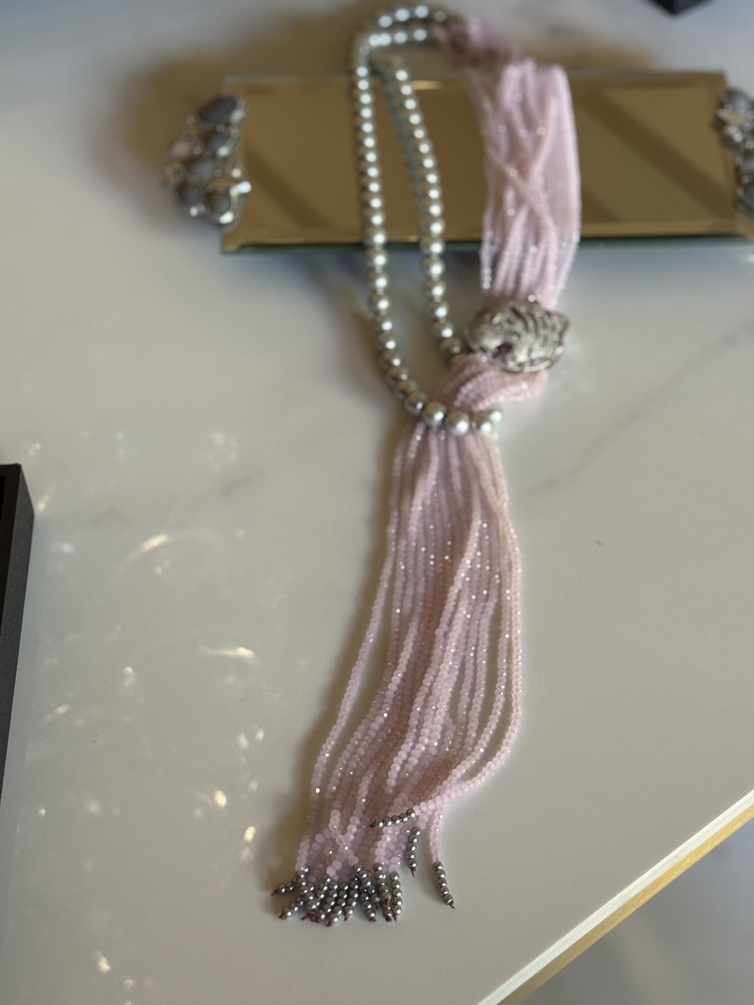 Pink Beaded Tassel Necklace with Silver Accents