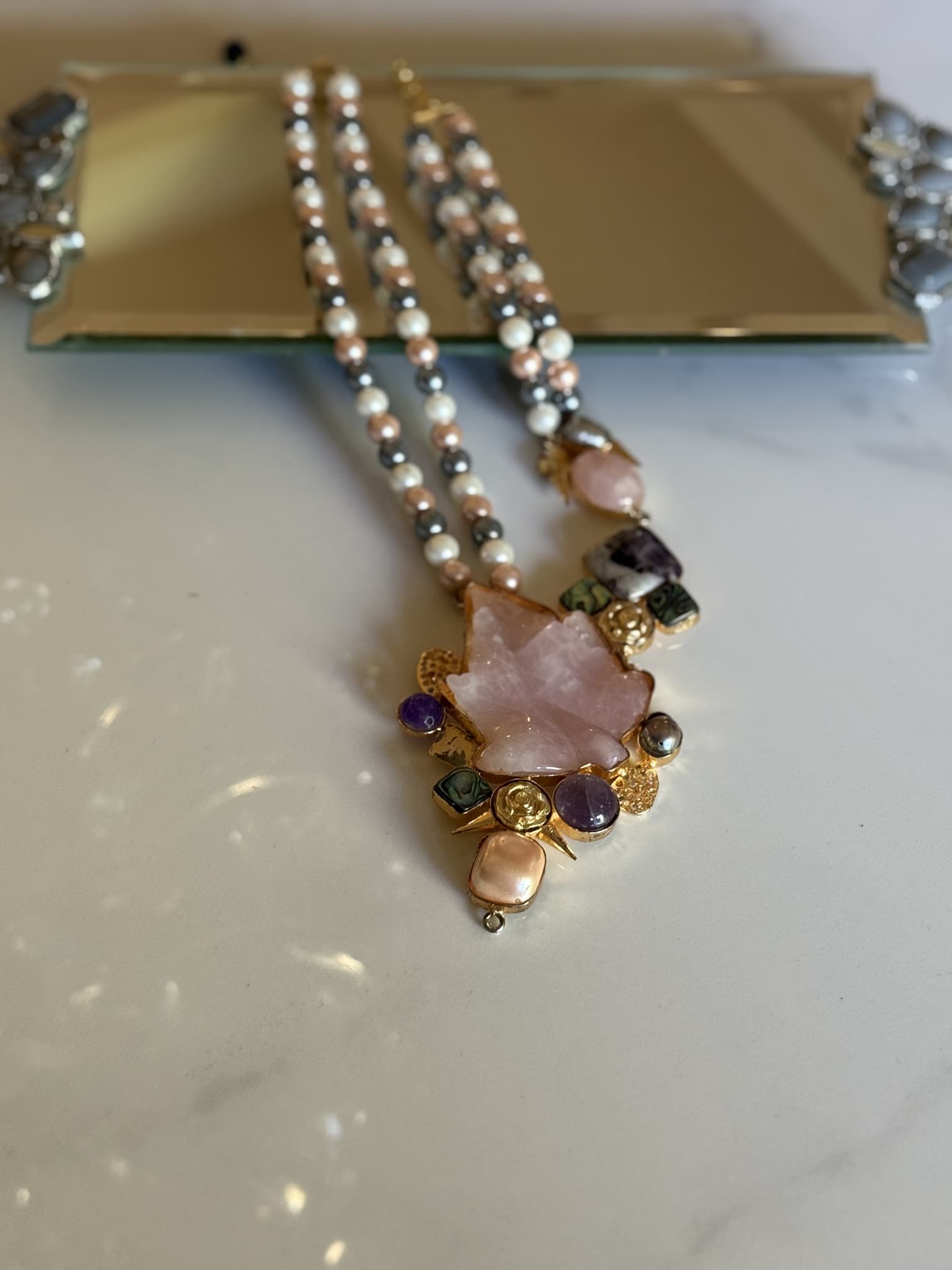 Mixed Gemstone and Pearl Pendant Necklace