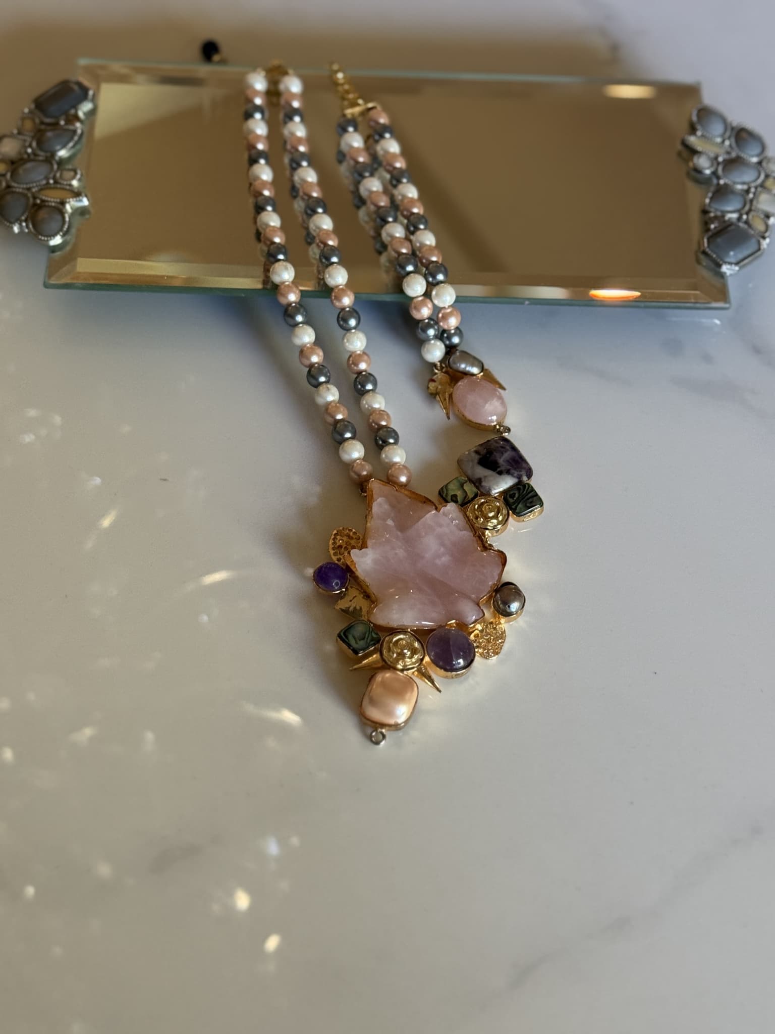 Multicolor Pearl and Stone Pendant Necklace