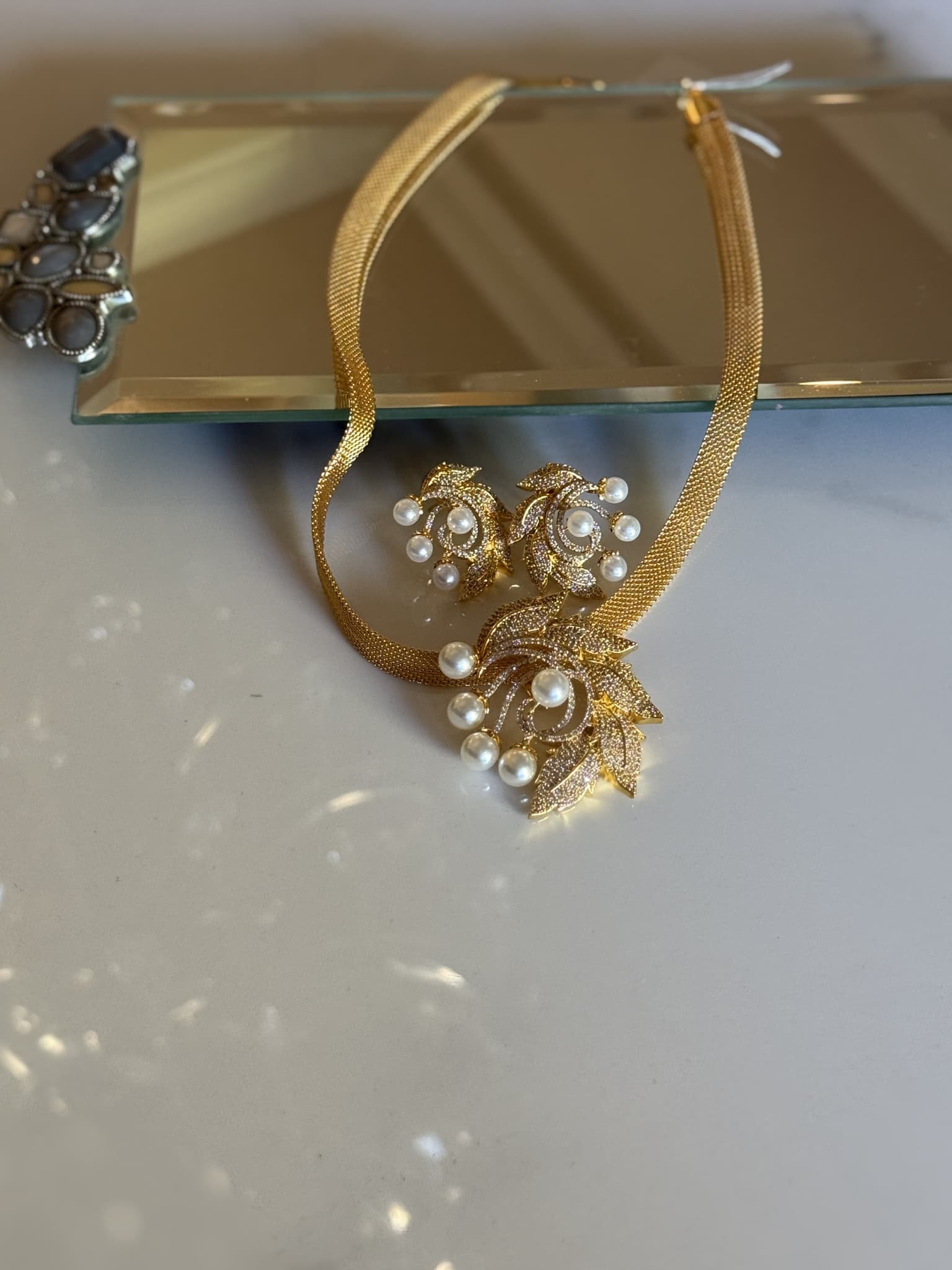 Gold Leaf Pearl Necklace and Earring Set