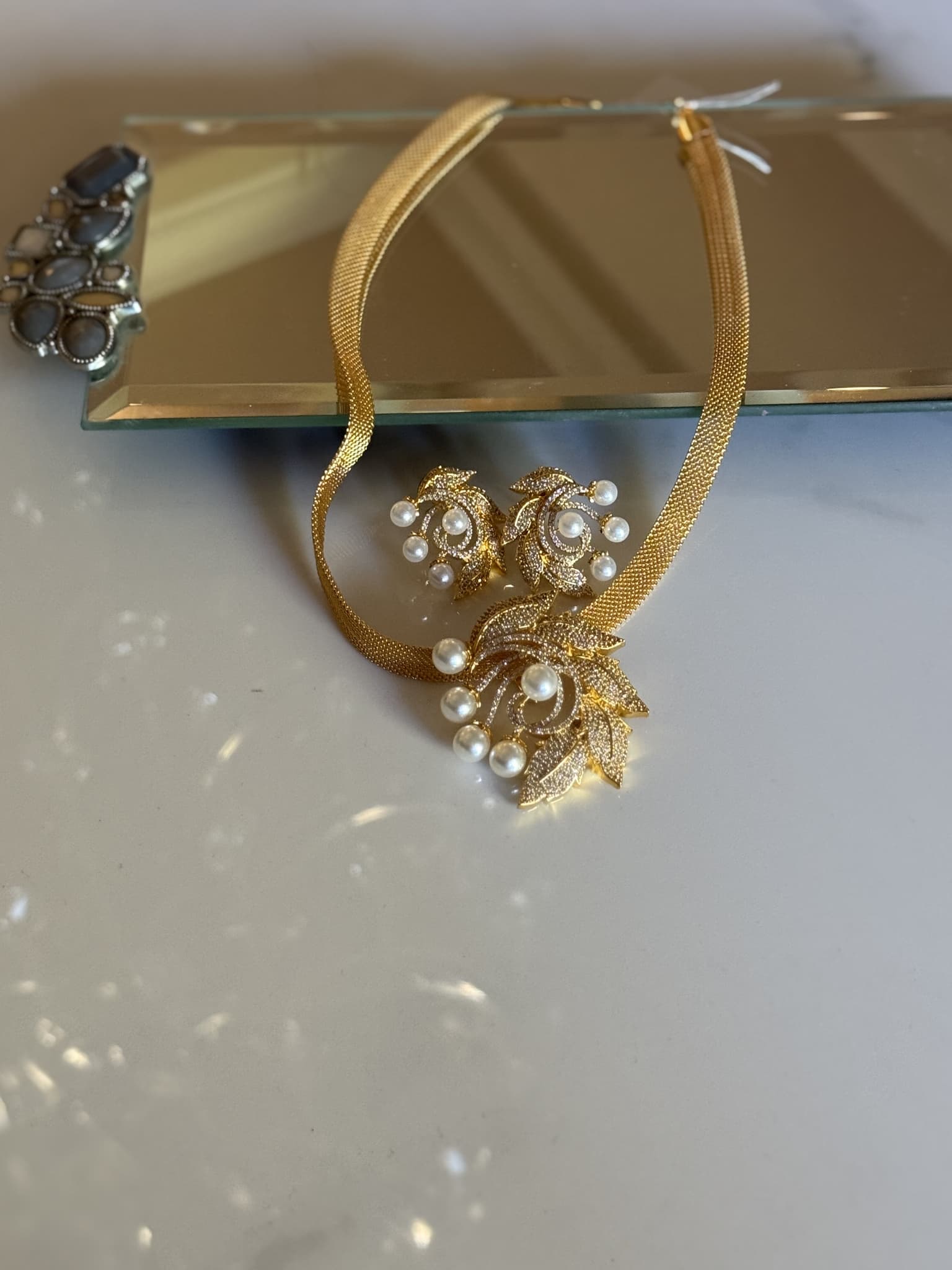 Gold and Diamond Teardrop Necklace and Earring Set