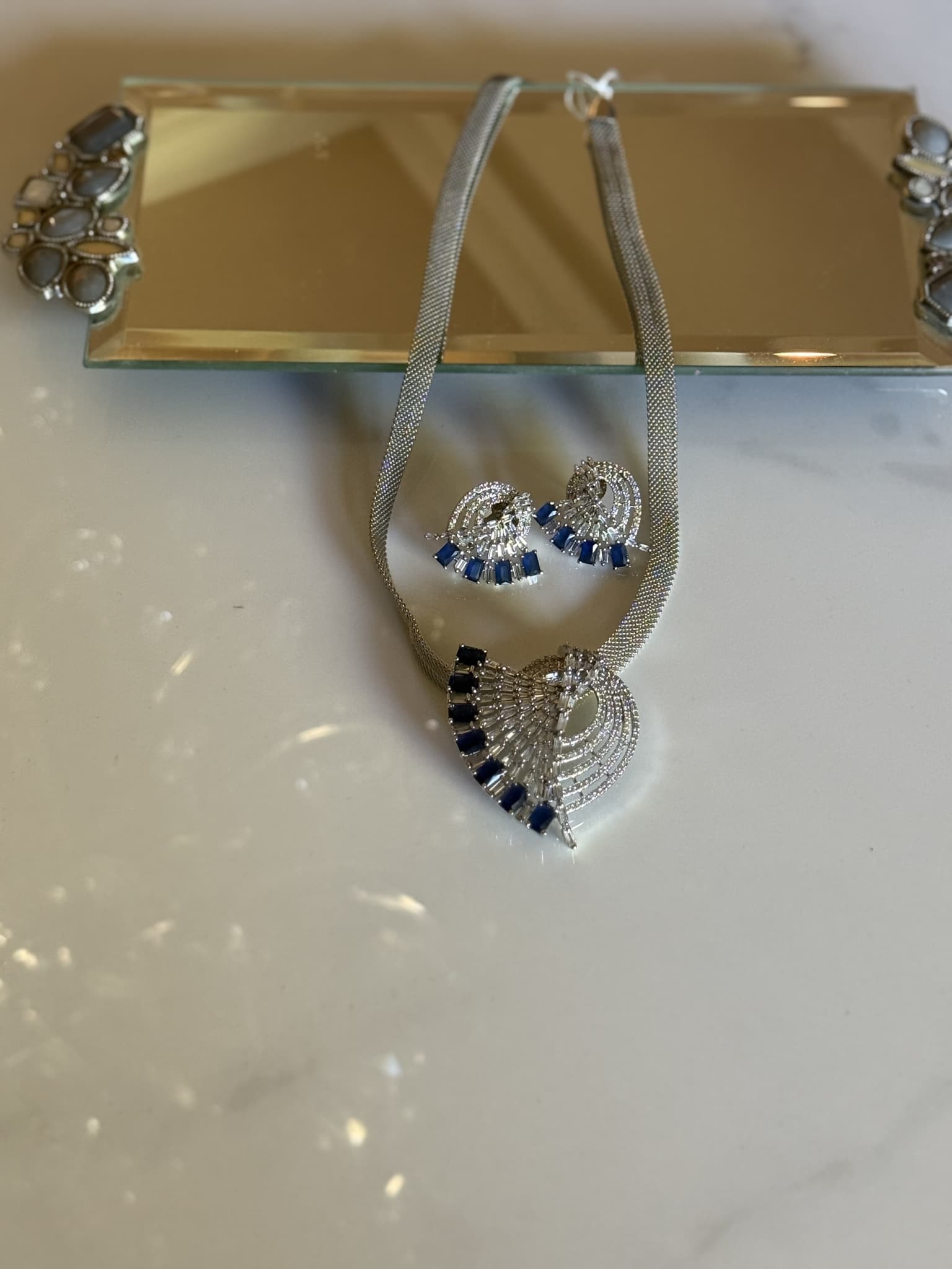 Silver Blue Sapphire Fan Necklace Set