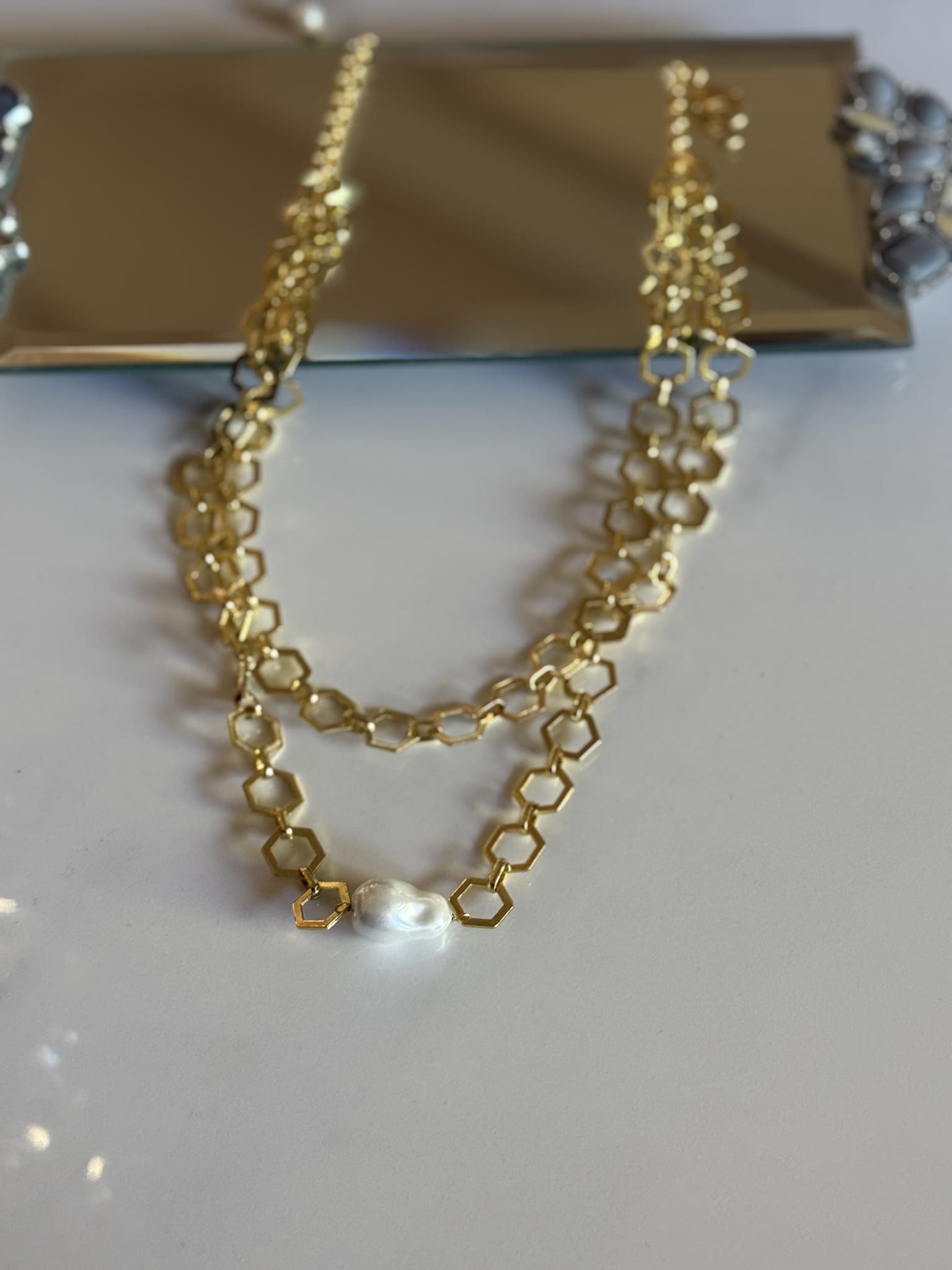 Layered Gold Chain with Baroque Pearl Necklace