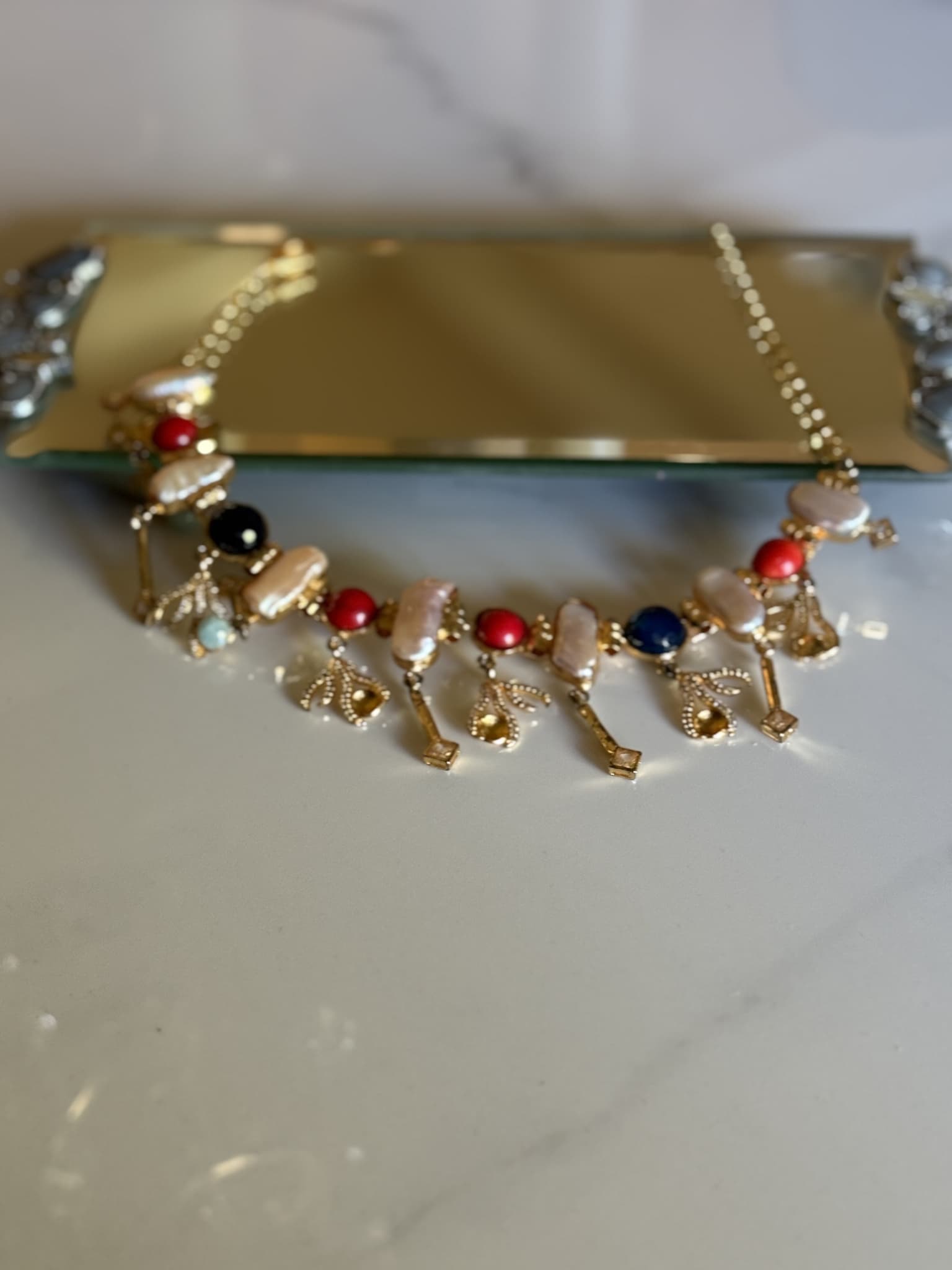 Pearl and Colorful Bead Charm Necklace