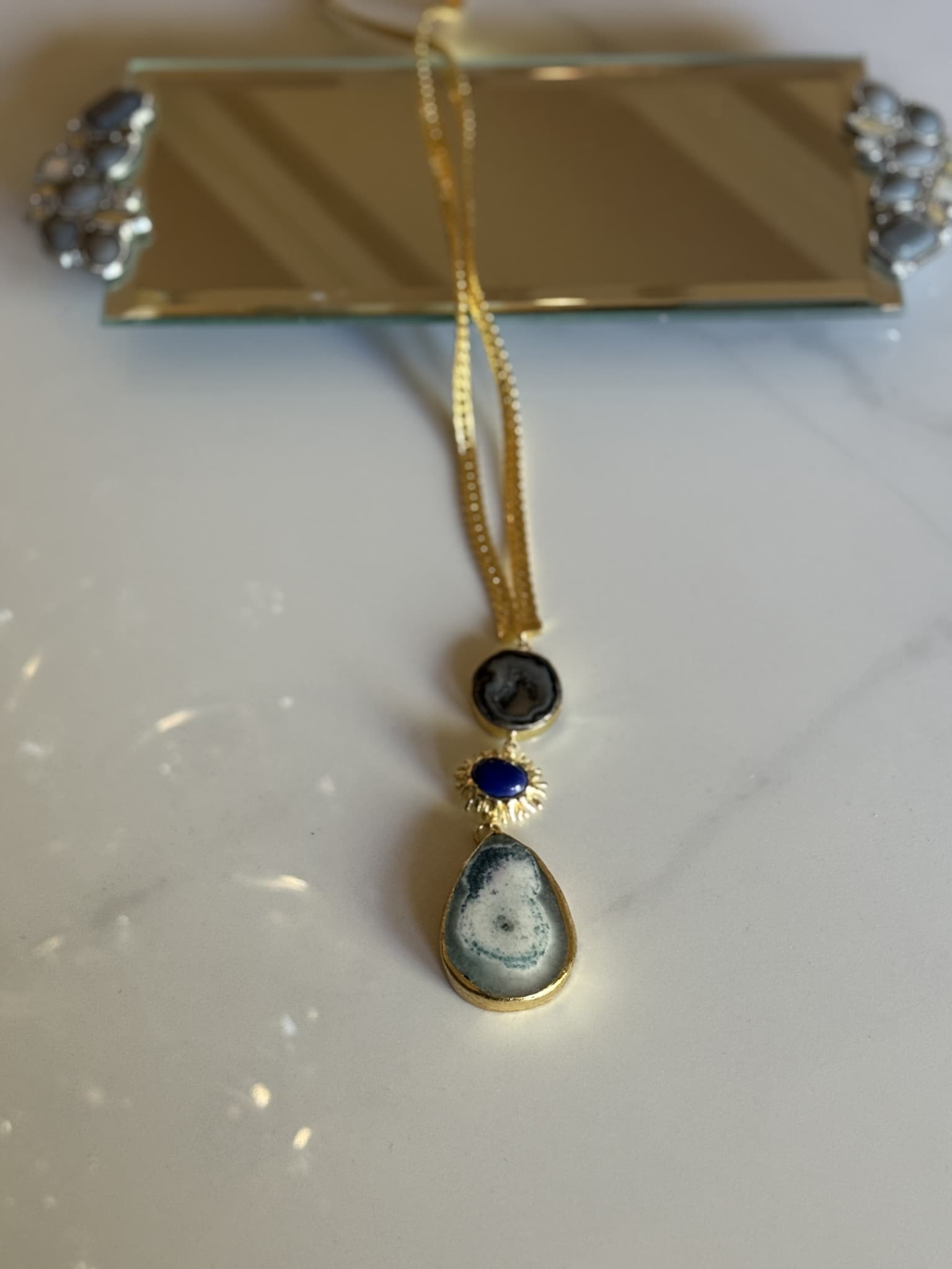 Geode, Lapis, and Gold Pendant Necklace