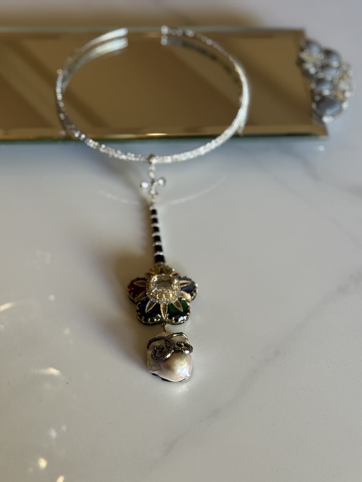 Multicolor Flower and Pearl Drop Necklace