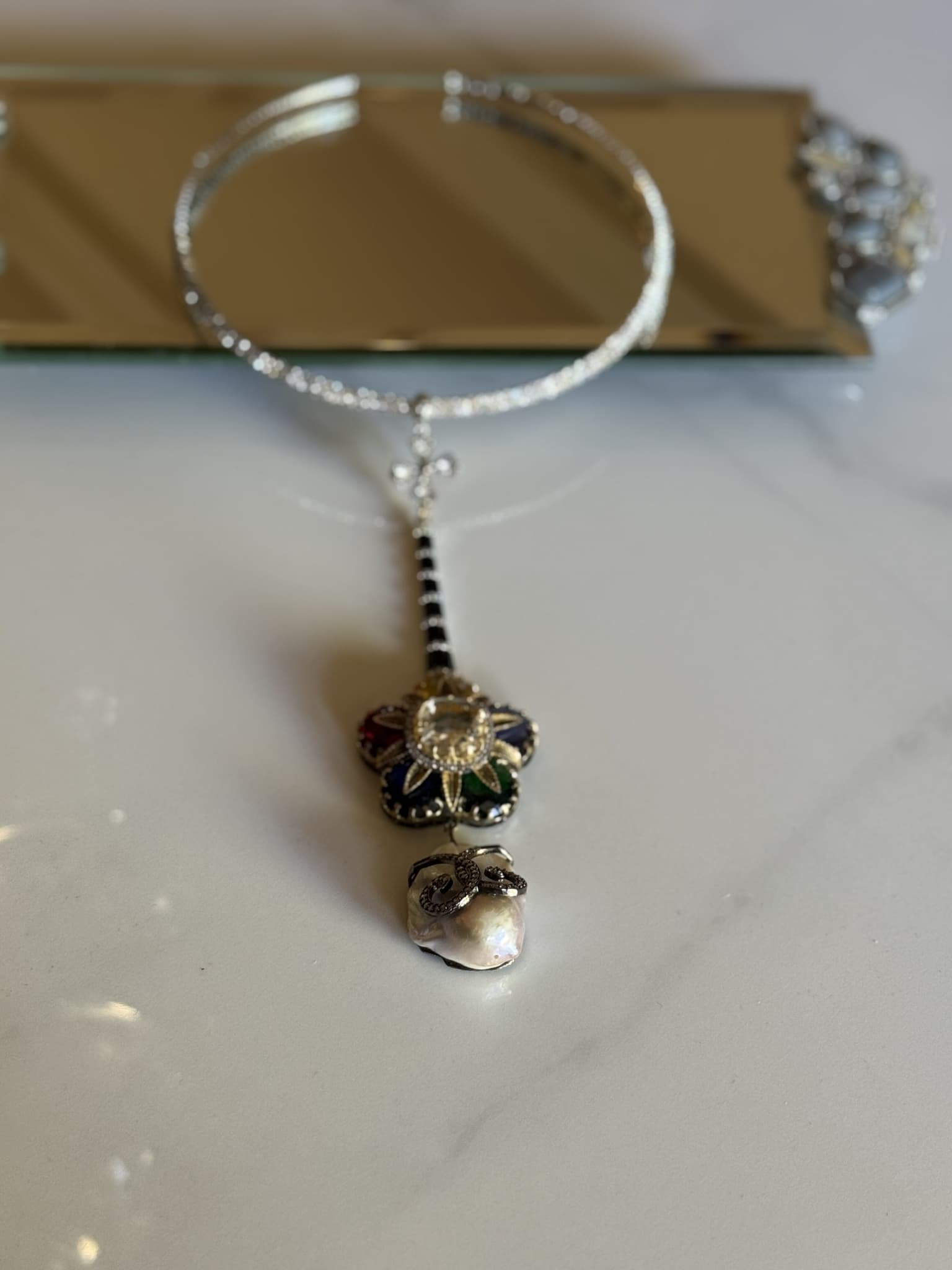 Multicolor Flower and Pearl Drop Necklace