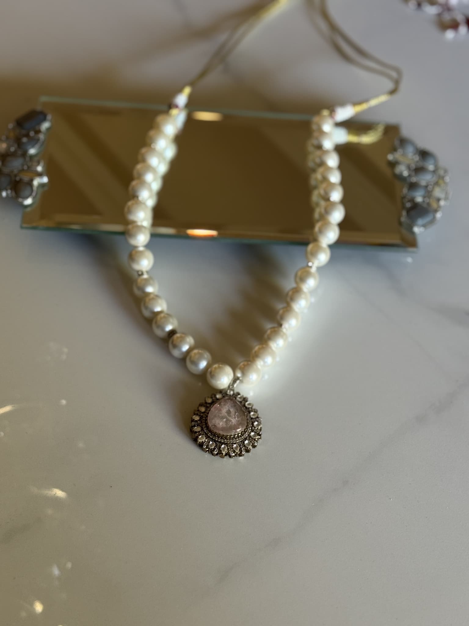 Pearl Strand Necklace with Polki Pendant