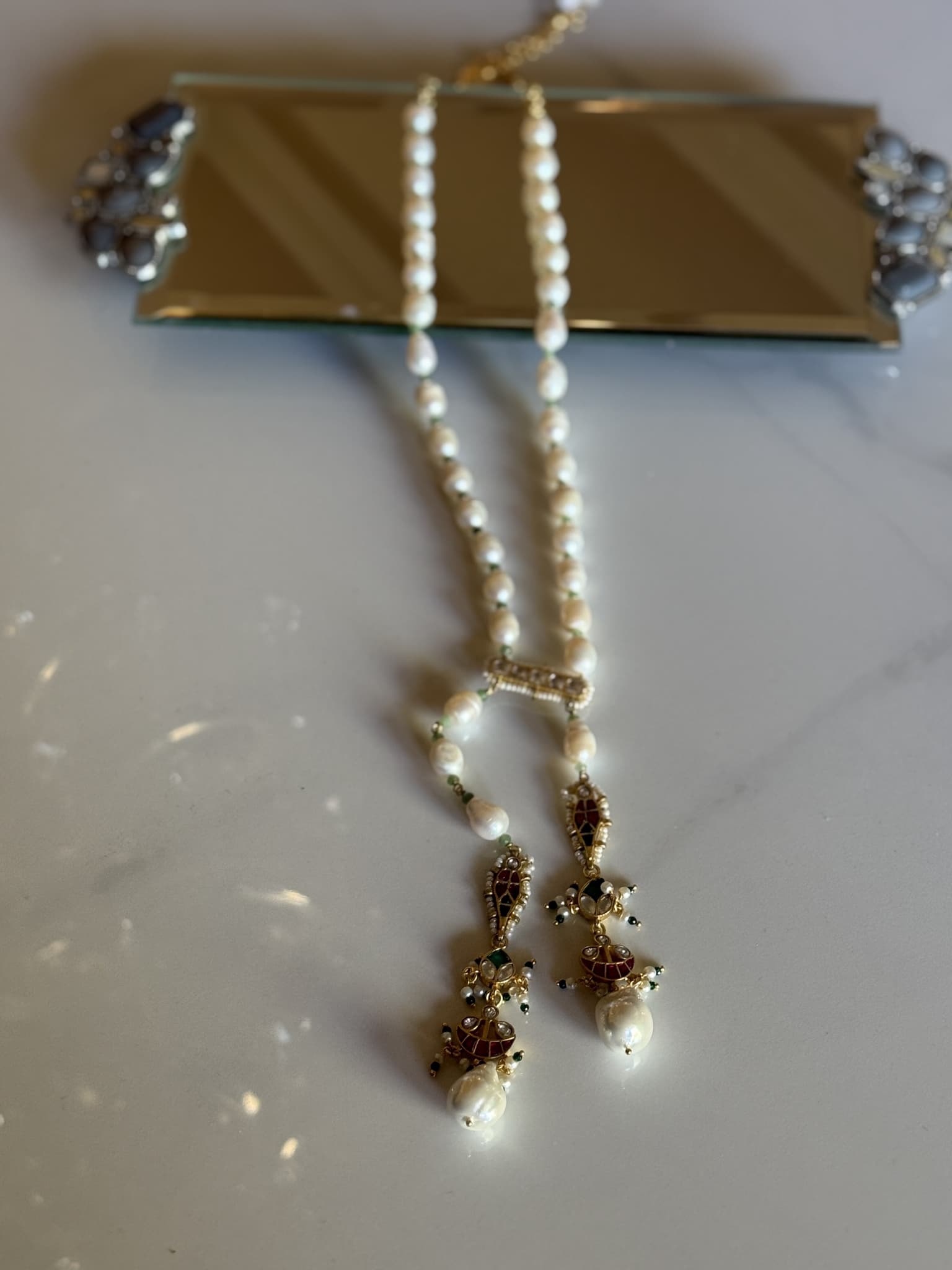 Pearl Tassel Necklace with Enamel Detailing