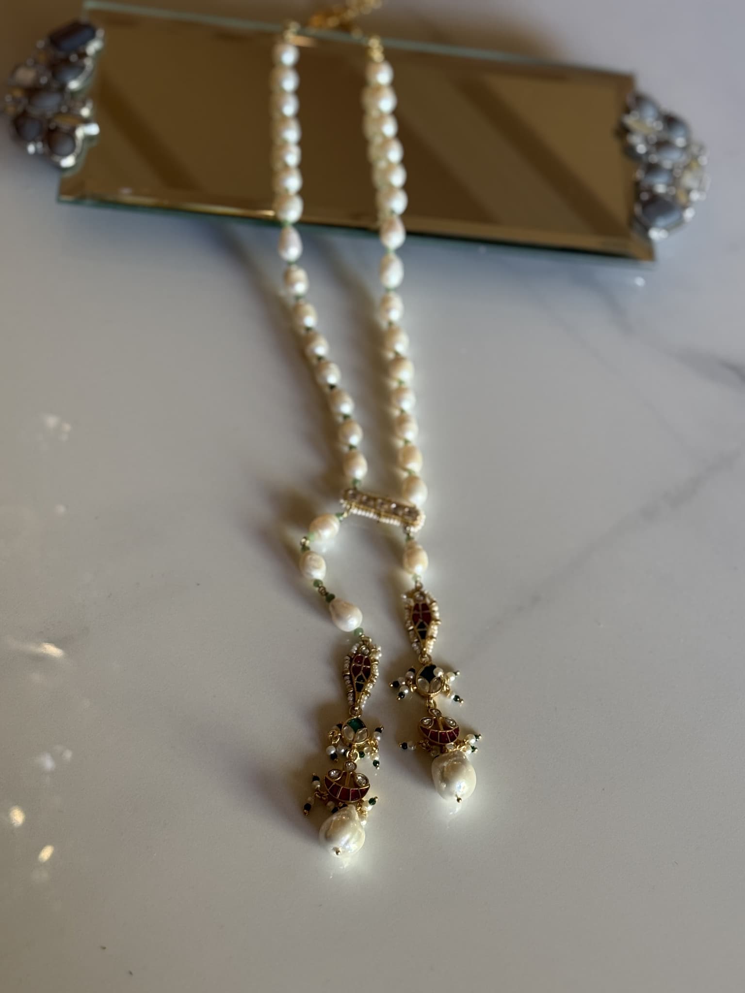 Pearl Tassel Necklace with Enamel Detailing